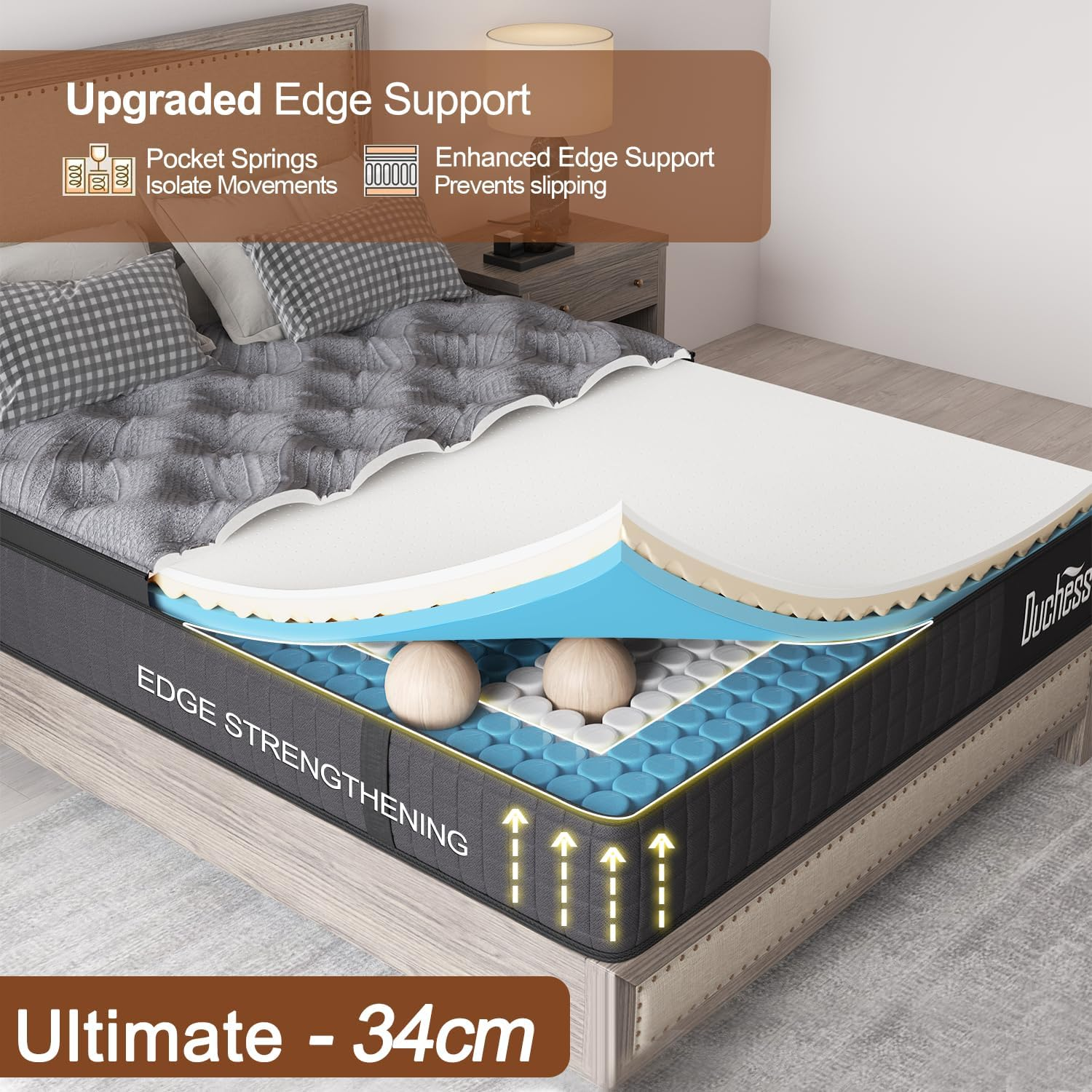 Duchess 34Cm Queen Hybrid Mattress - Mattress Comfortable Memory Foam and Pocket Springs with Pressure Relief Breathable Design Reinforced Edge Support image number 3