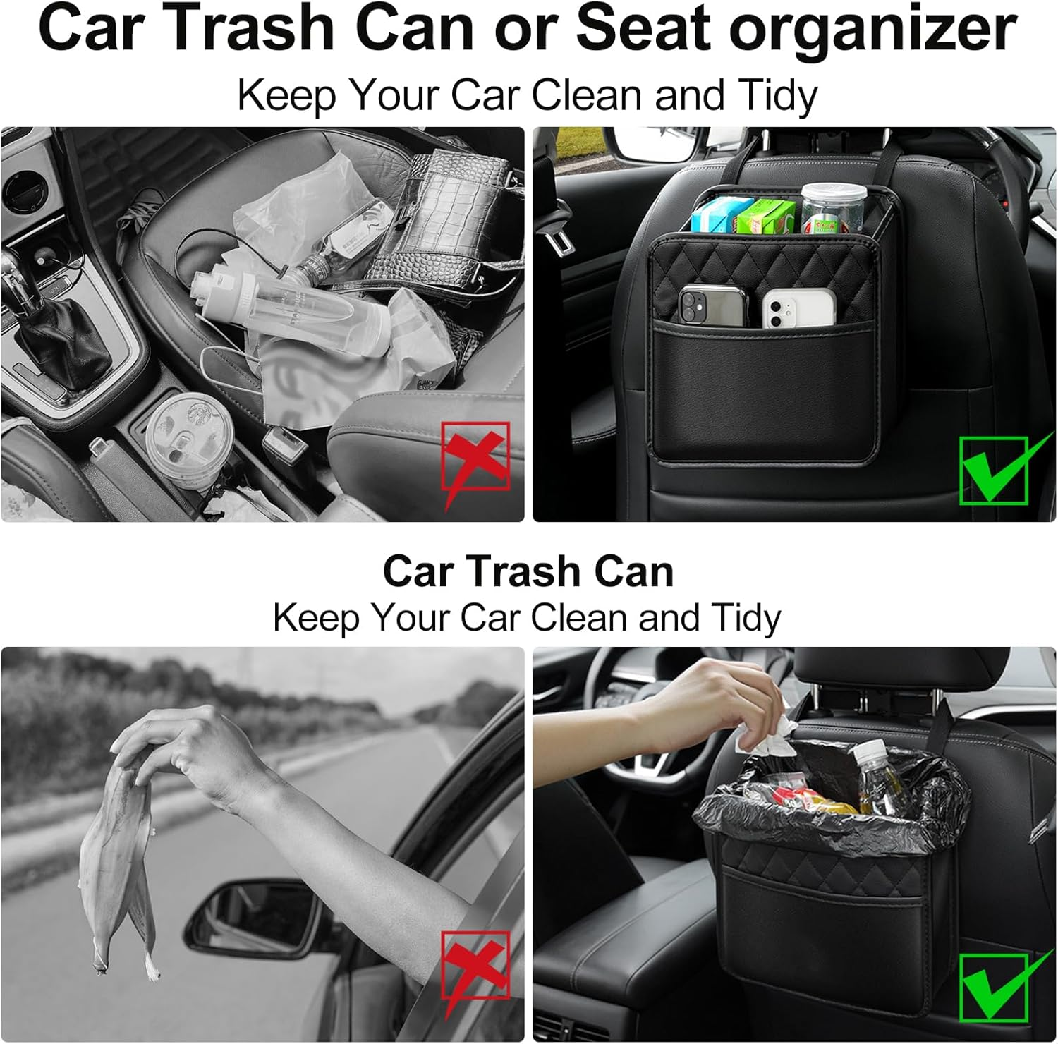 2 Pack Car Backseat Organizer with 60 Trash Bags, Car Seat Back Hanging Storage Bag Handbag Document Holder Universal Multi Pocket Storage Box Organizers Tidy Pouch for Ipad,Bottle,Books,Tissues,Snack
