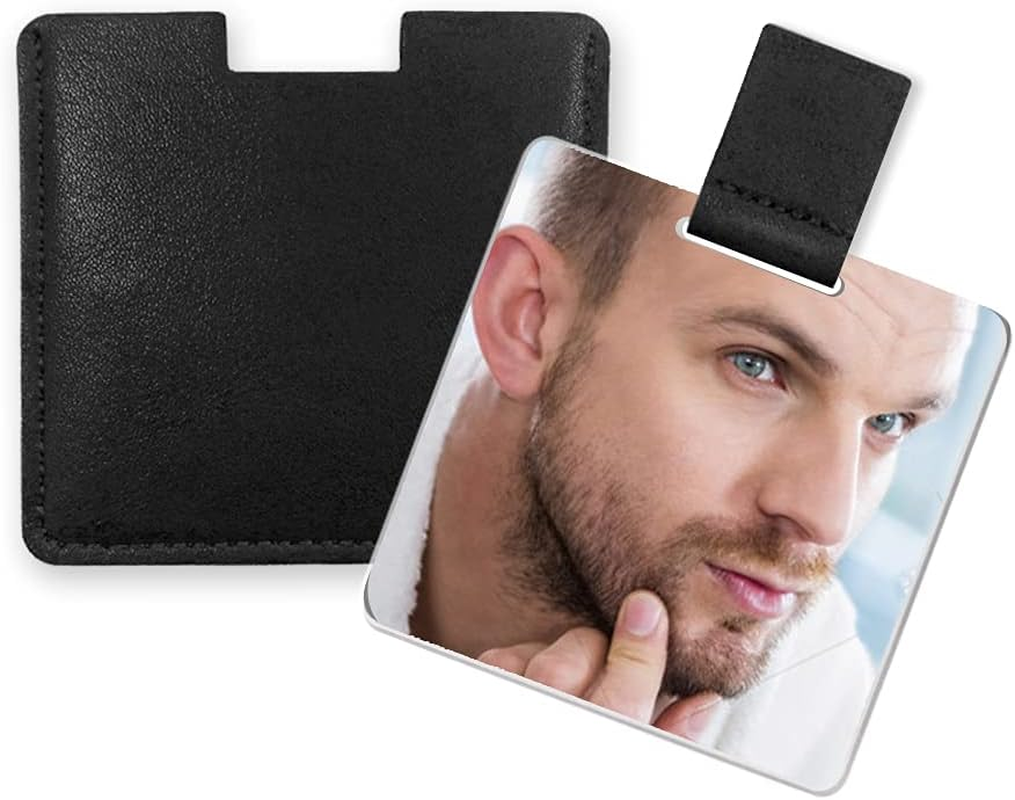 Ultra Thin Pocket Mirror Unbreakable Stainless Steel with PU Leather Bag, Easy to Carry, Lightweight and Suitable for Makeup, Camping, Travel (Black)