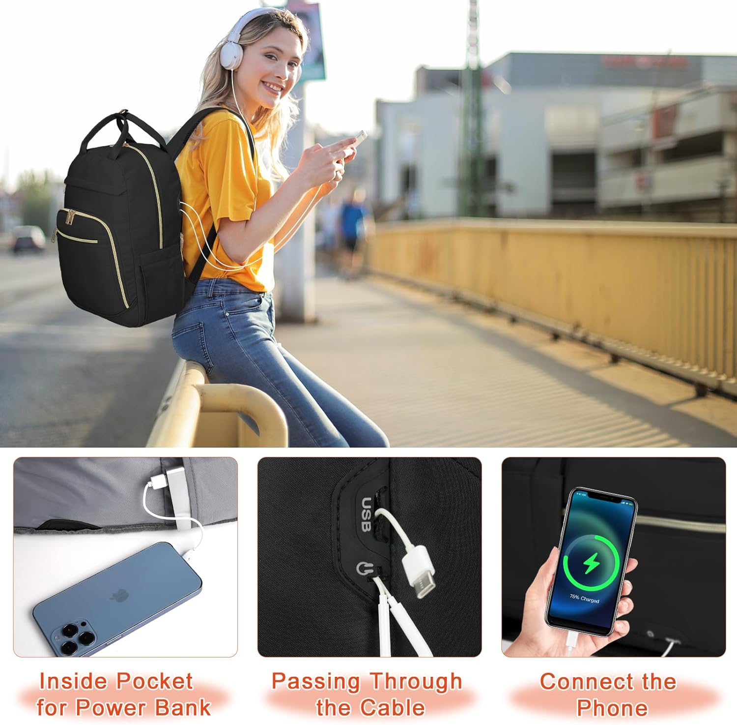 KTMOUW Backpack for Women Laptop Backpack 15.6 Inch Water Resistant Daypack for Travel Work Casual Use, with USB Charging Port