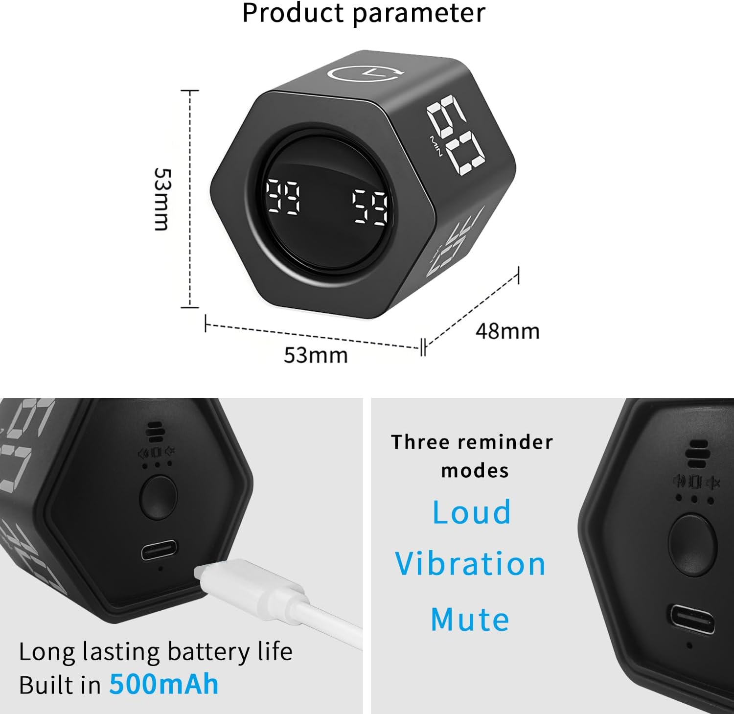 QUMOX F6 Pomodoro Timer Cube, Hexagon Productivity Gravity Timer, Flip Clock, Silent, Vibrate & Sound Alarm Ideal for Work, Office, ADHD, Study, and Tasks - 1/5/10/30/60 Min & Stopwatch Mode - Black image number 4