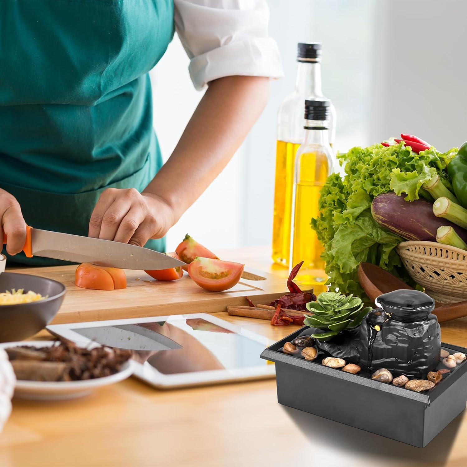 Tabletop Fountain with Light - Battery/Usb Operated Mini Indoor Water Feature for Sound Relaxation - Portable Waterfall Ornament for Table, Office, Home, Bedroom (B) image number 4