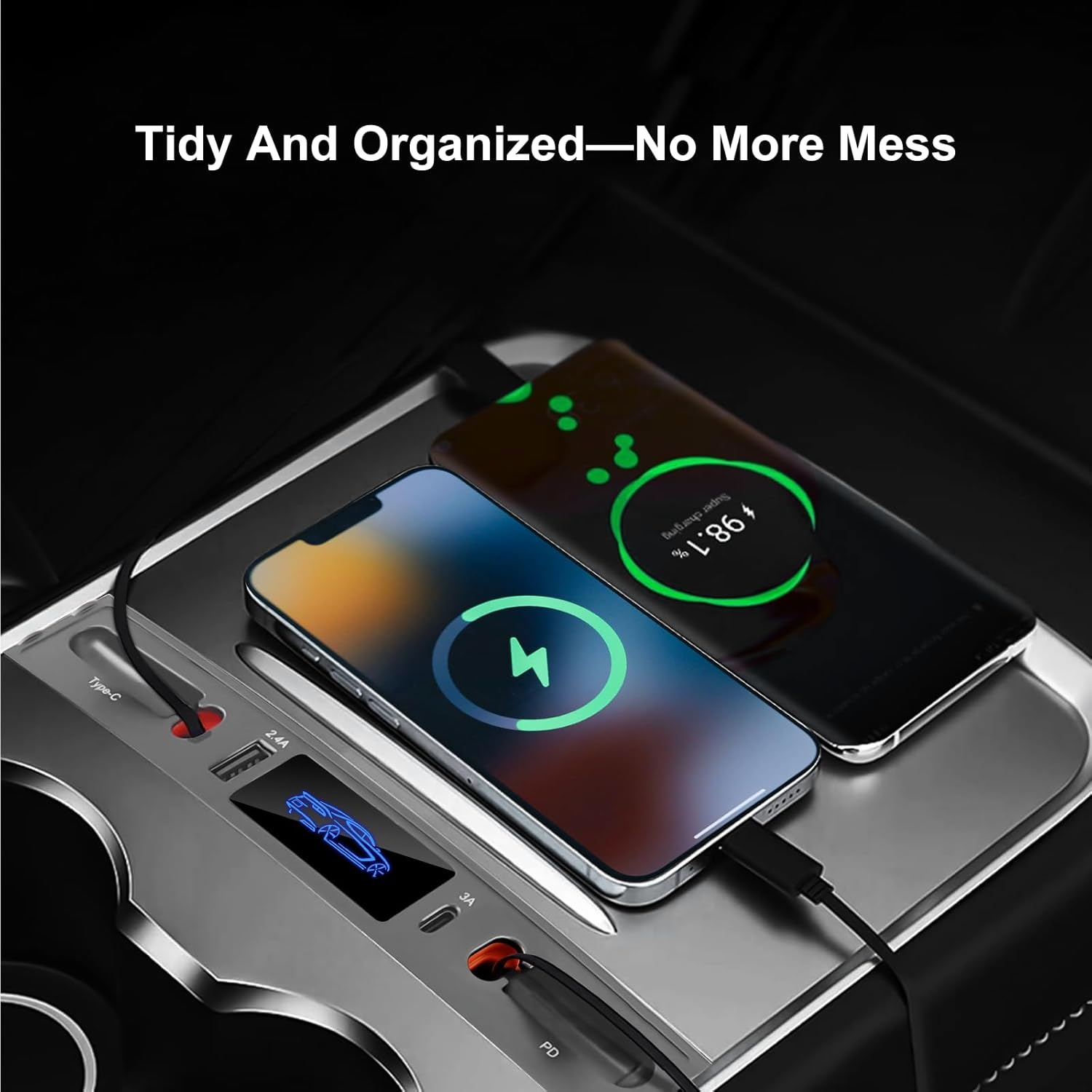 Moravartisan Center Console USB Hub for Tesla Model Y 2021-2024 Model 3 2021-2023, Docking Station Adapter with Retractable Charging Cables, Usb-C and Usb-A Fast Charger Expansion Dock, Backlit Logo image number 2