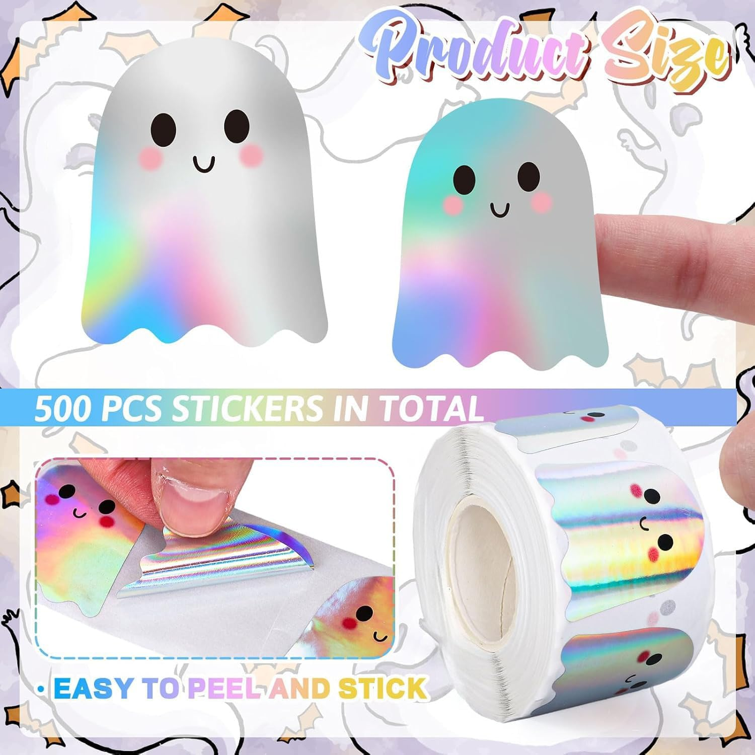 500Pcs Halloween Pholographic Ghost Stickers Rolls, 1.2" Laser Cute Boo Ghost Self-Adhesive Stickers,Waterproof Self-Adhesive Sticker Decals for Halloween Party/Gift Decor - Orange image number 7