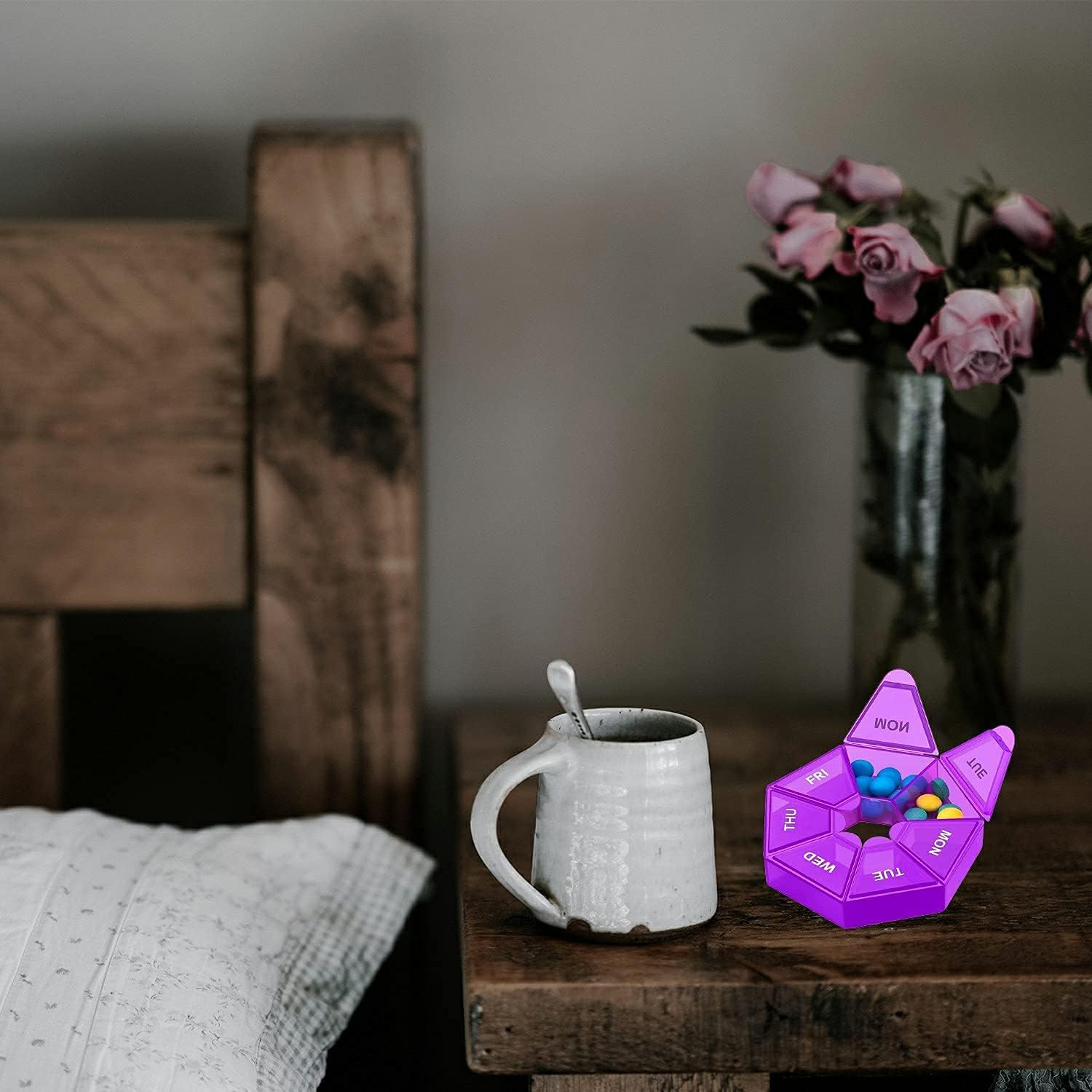 2Pcs 7-Sided Portable Pill Planner, Small Case - 7 Day Weekly Travel Container, Purple image number 3