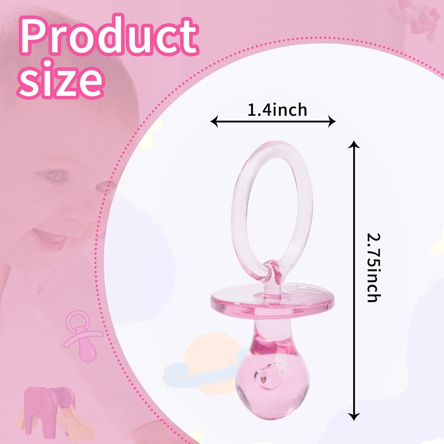 50 Pieces 2.75 Inch Baby Pacifier Baby Shower Plastic Pacifier for Baby Shower Pacifier, Baby Shower Gender Show Party Decoration DIY Baby Shower Birthday Party Gift (Pink)