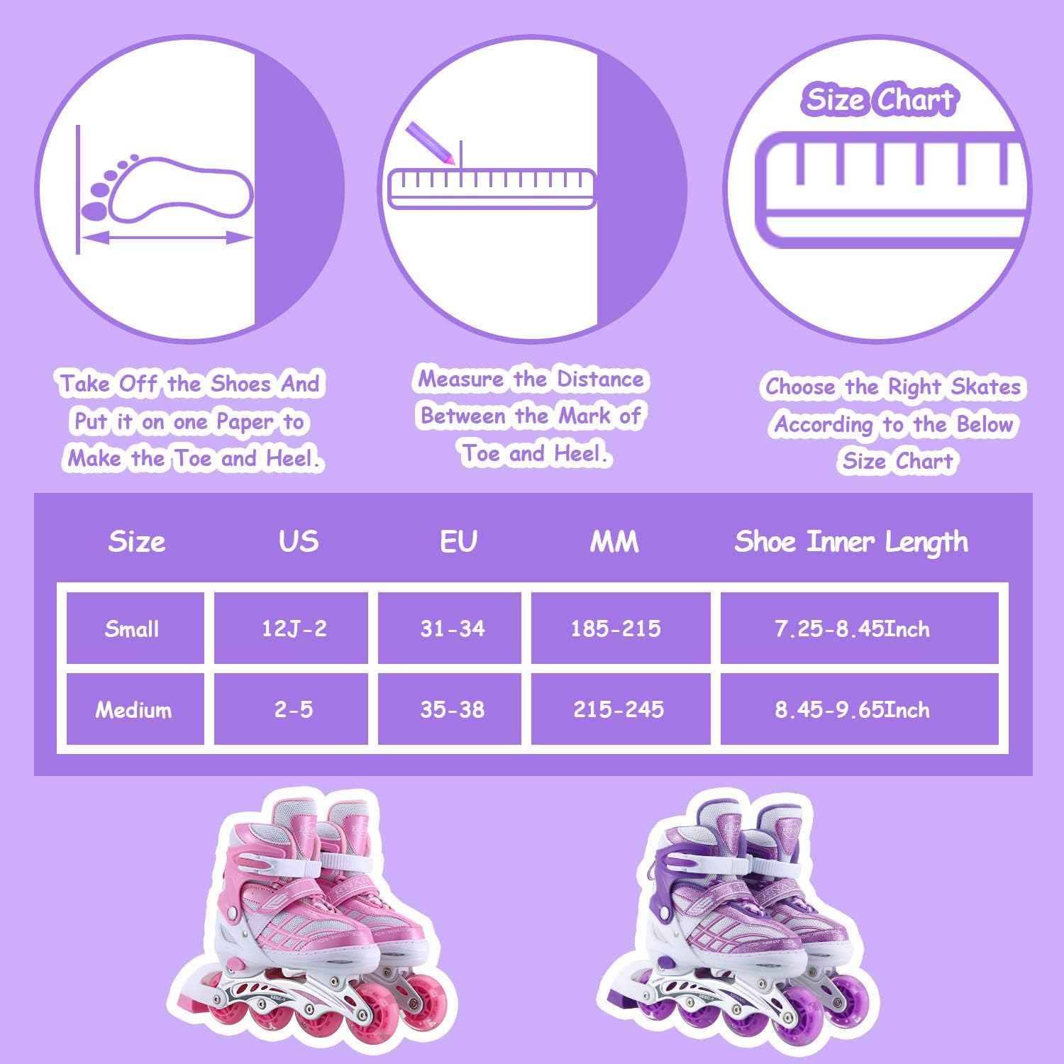 Kids Inline Skates for Girls Boys Beginners Adjustable, All 8 Wheels Illuminating. image number 3