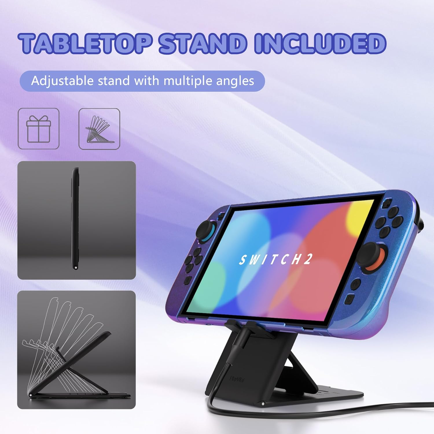 Playvital Glossy Protective Case for Nintendo Switch 2 with Extra Stand & Thumb Grip Caps | Solid Color Series, Chameleon Purple Blue image number 5