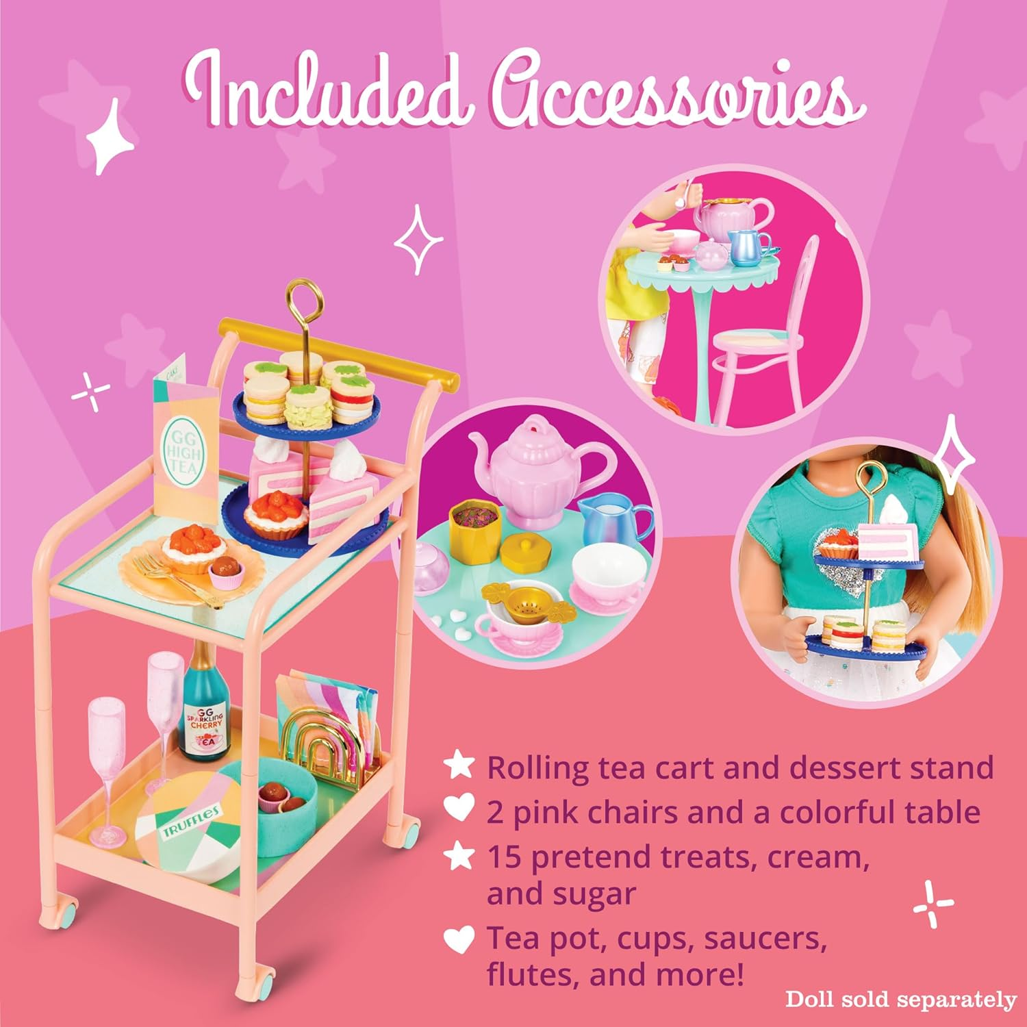 Glitter Girls &ndash; 14-Inch Doll Accessories &ndash; Rolling Tea Cart Playset &ndash; Table & Chairs Furniture, Teapot, Party Play Food &ndash; 3+ Years image number 6