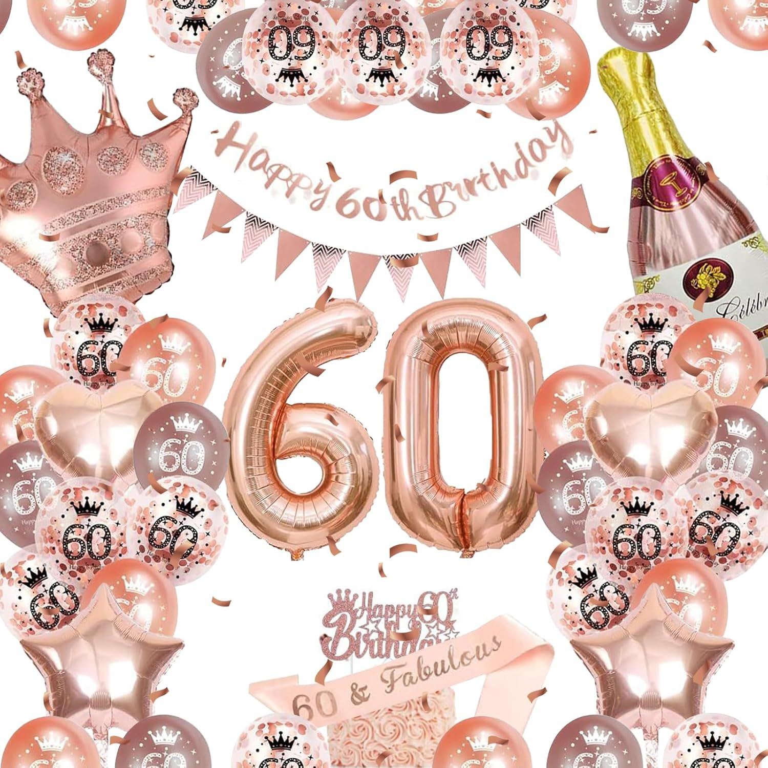 Xugoox 37 Pcs Rose Gold 50Th Birthday Decorations with Happy 50Th Birthday Banner, Rose Gold 50Th Birthday Balloons Star Heart Balloons, Cake Topper, Sash for Women 50 Years Old, Fifty Birthday Decor