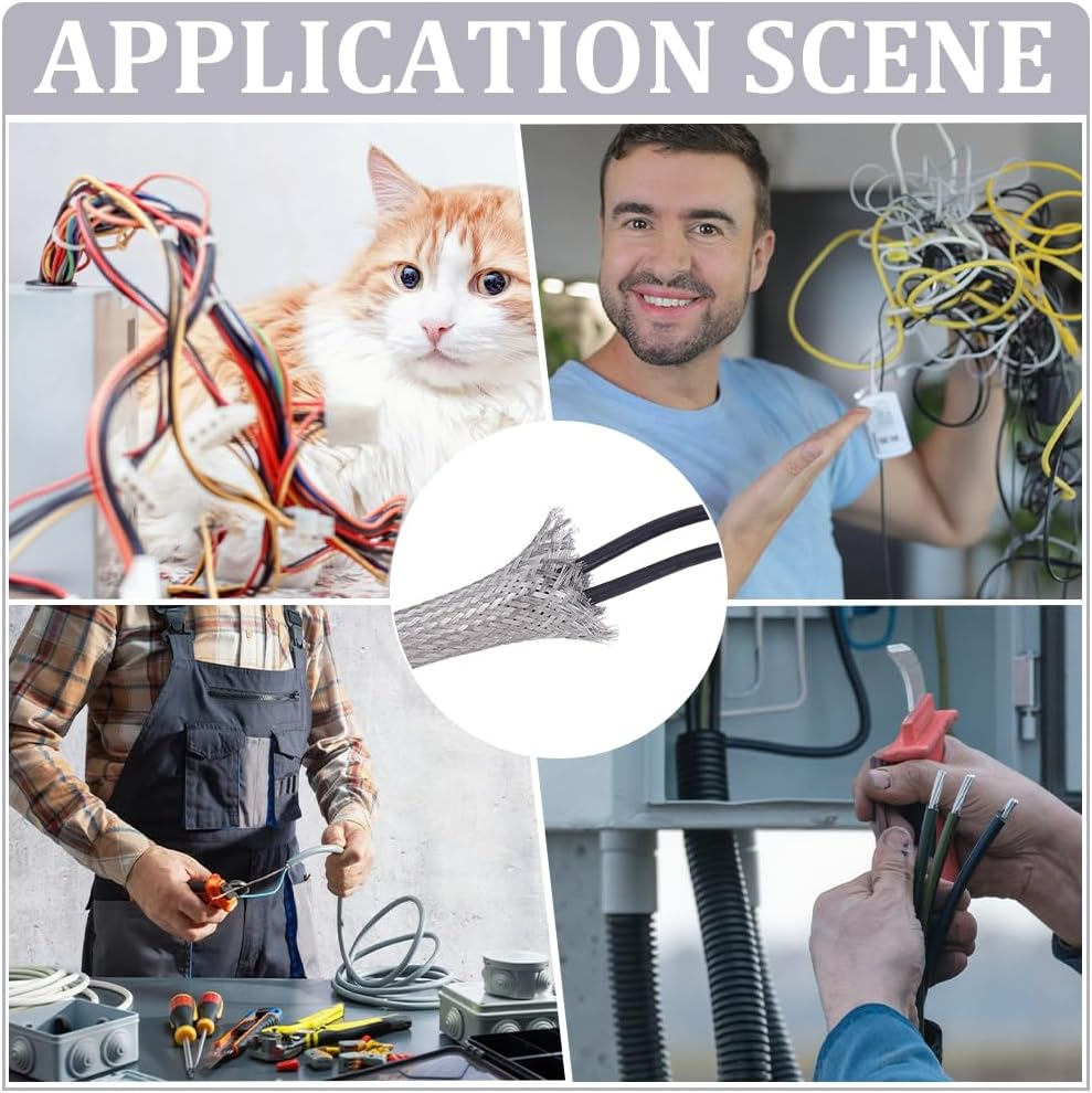 UNICRAFTALE 1.88"（15Mm）Wide Braided Sleeving Braid Stainless Steel Cable Wire Shielding Sleeve Ground Straps Protection Metal Mesh Flexible Expandable Scalable Ribbon Wire for Protect Cable 26 Feet