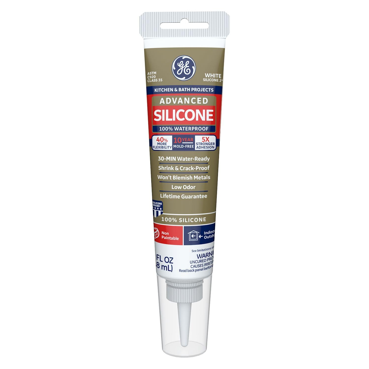 GE Advanced Silicone Caulk for Kitchen & Bathroom - 100% Waterproof Silicone Sealant, 5X Stronger Adhesion, Shrink & Crack Proof - 2.8 Fl Oz Tube, White, 1 Pack image number 1