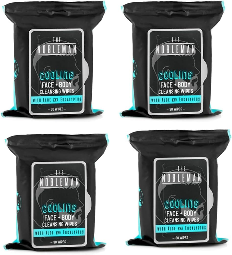 The Nobleman Face + Body Cleansing Wipes: Refreshing - with Aloe & Eucalyptus - 120 TOTAL WIPES (30Ct X 4) - Travel-Friendly, Skin-Nourishing, All-In-One Wipes for Men & Women