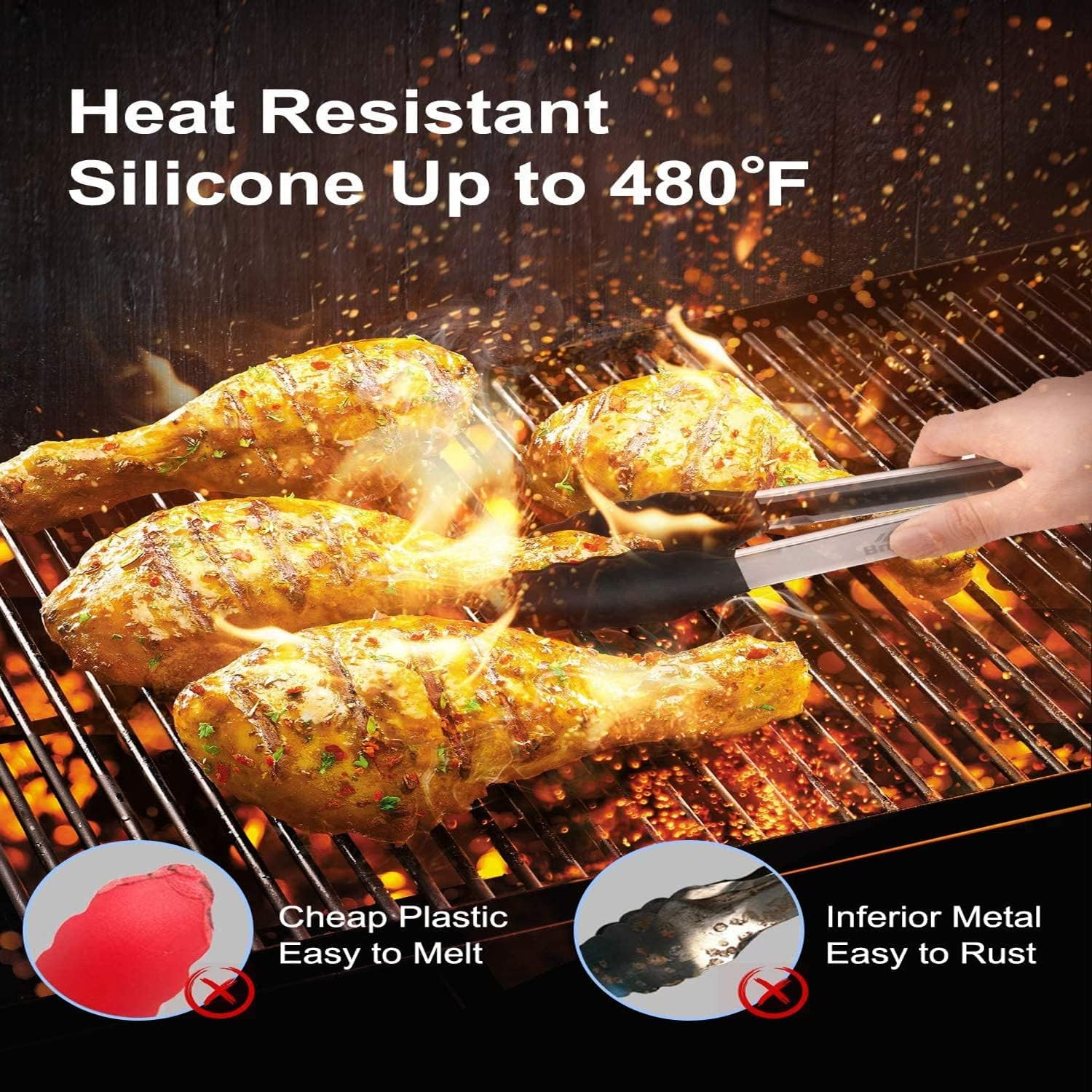 2-Pack of 9" (Small) & 12" (Large) Kitchen Tongs Set: Non-Stick Silicone-Stainless Steel Cooking Tongs, BPA Free, Heat Resistant (480&deg;F) - Non-Slip Grip & Locking Metal Food Tongs (Black) image number 5