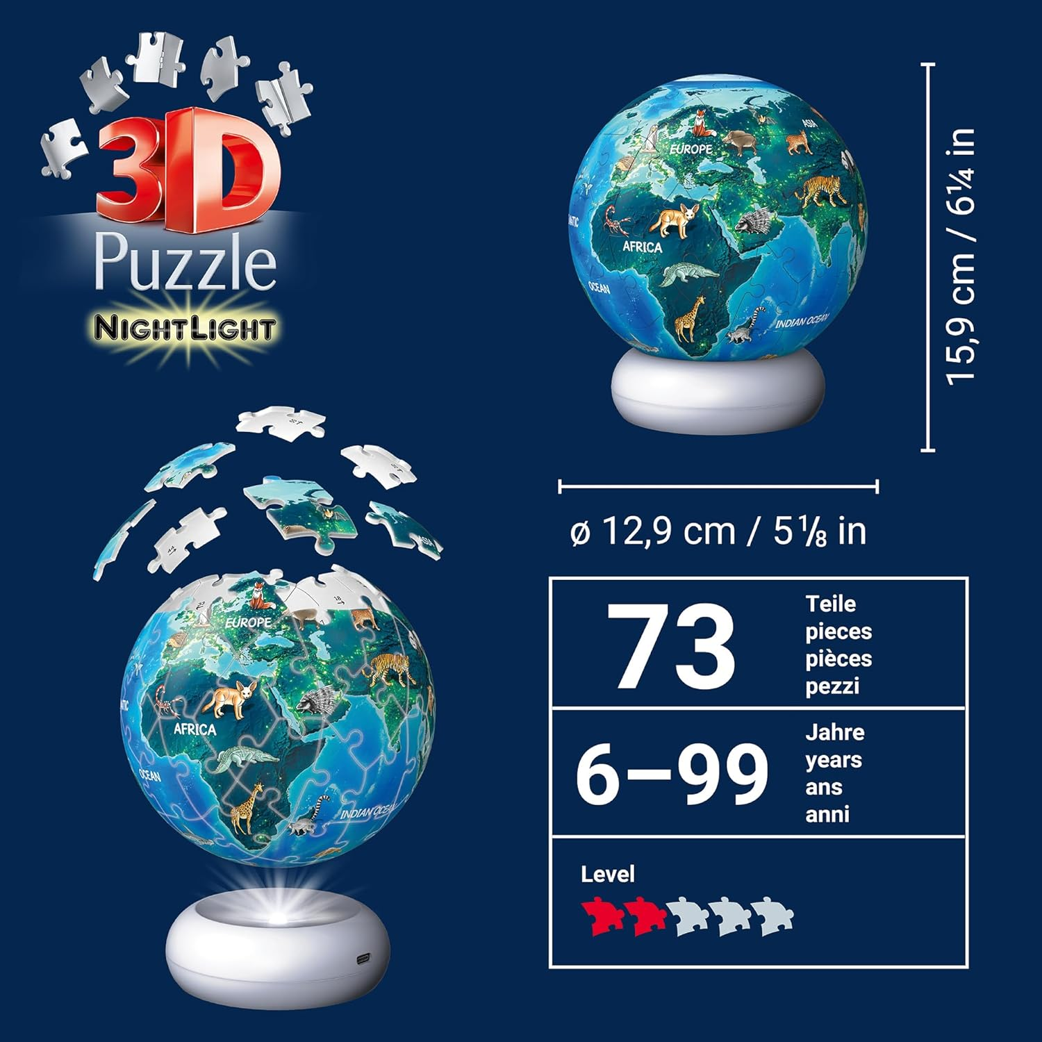 3D Puzzle-Ball Nachtlicht Erde Mit Tiermotiven: Erleben Sie Puzzeln in Der 3. Dimension! image number 2