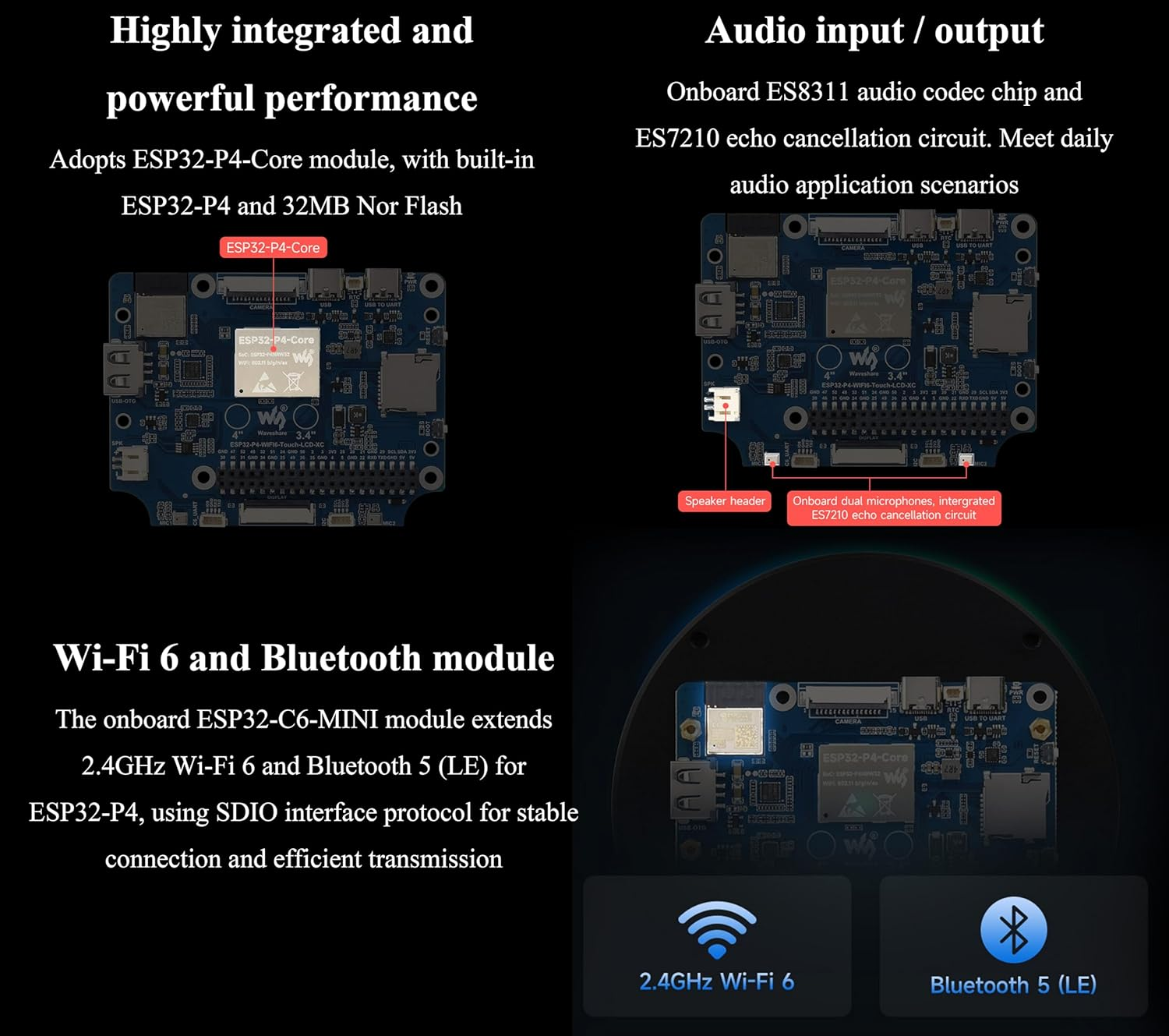 ESP32-P4 3.4 Inch round Touch Display Development Board, IPS LCD, 800X800 Resolution, Support Wfi 6 / BLE 5,Onboard Dual Microphones, Audio Input/Output, Supports AI Voice Interaction image number 1