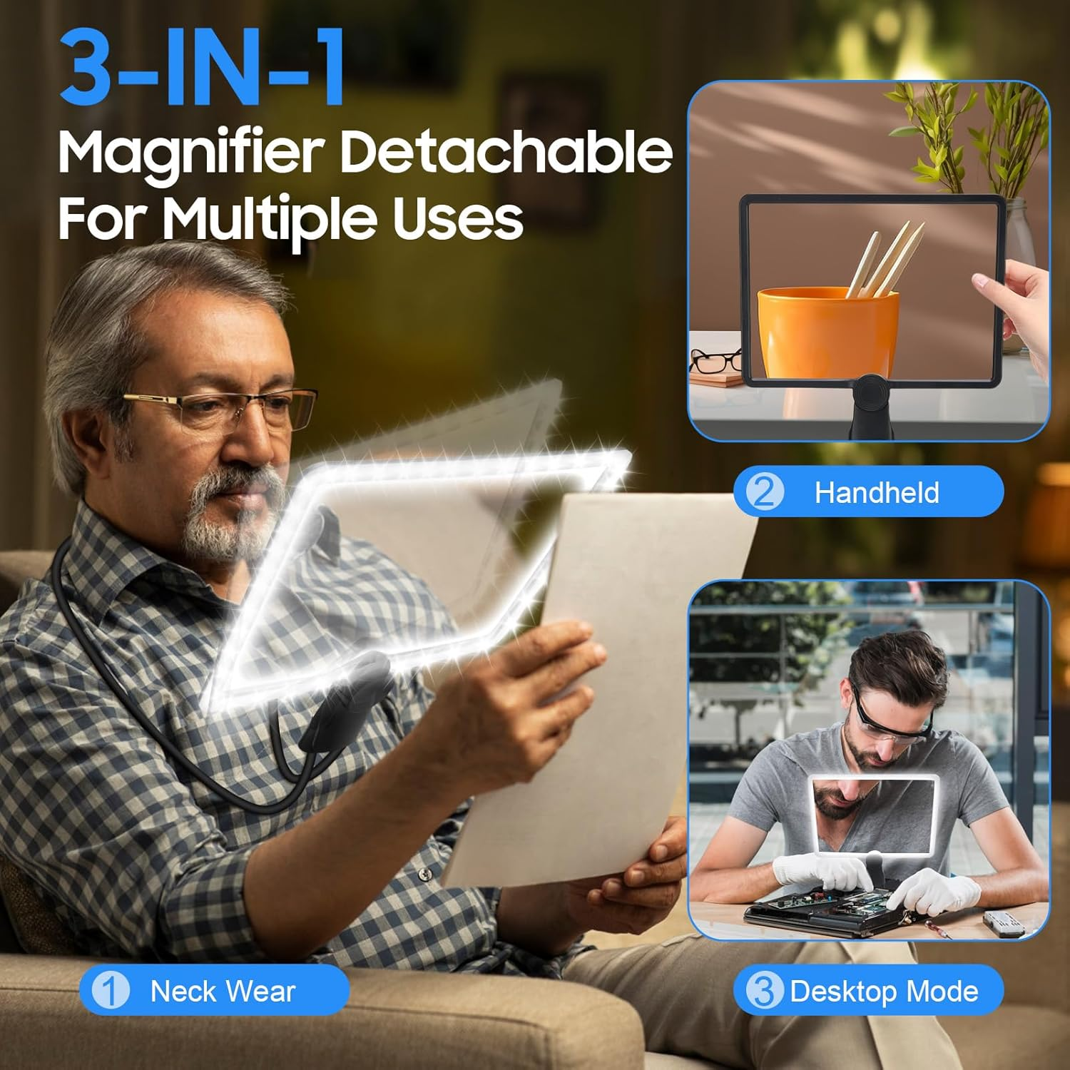 Flexible Gooseneck Page Magnifier, 5X Hands-Free Neckwear Magnifying Glasses with 3 Color Light Modes for Repair Reading DIY Low Vision Seniors Elderly image number 5