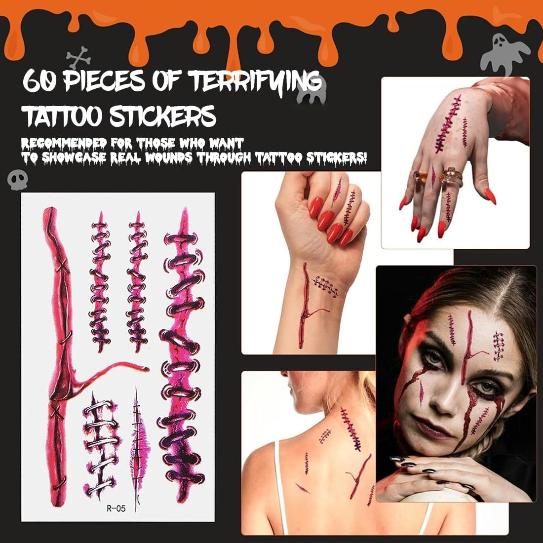 Halloween Tattoo Scars, 60 Sheets Tattoo Wounds Face Scars Realistic Motifs, Vampire Costume Women'S Make-Up Accessories, Halloween Fake Wounds Sticking for Carnival Halloween Make-Up image number 4
