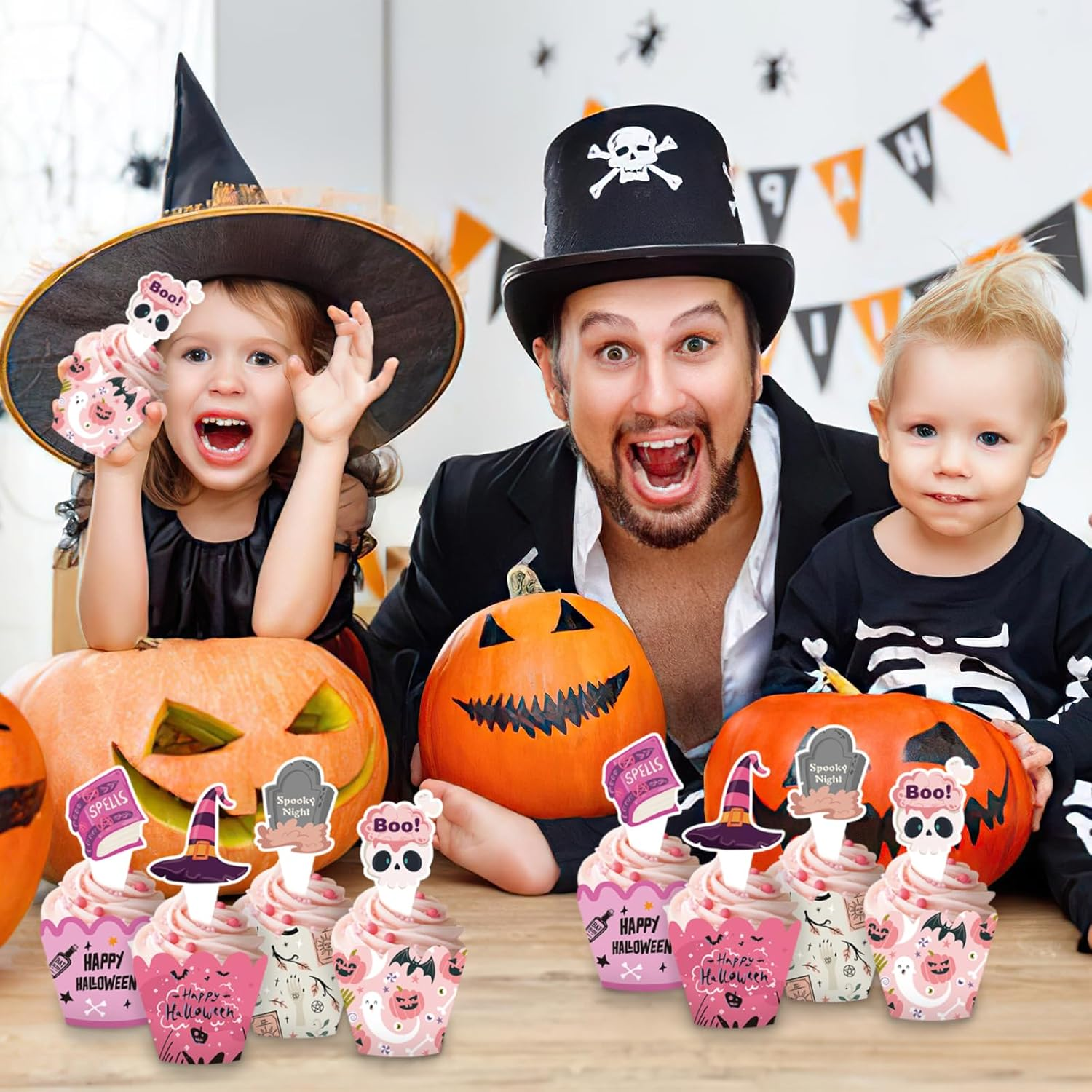 24 PCS Happy Halloween Cupcake Toppers and Wrappers,Printed with Pumpkin Skull Ghost Wizard Hat Pattern Pink Themed Cupcake Cake Decorations for Halloween Party Supplies image number 4
