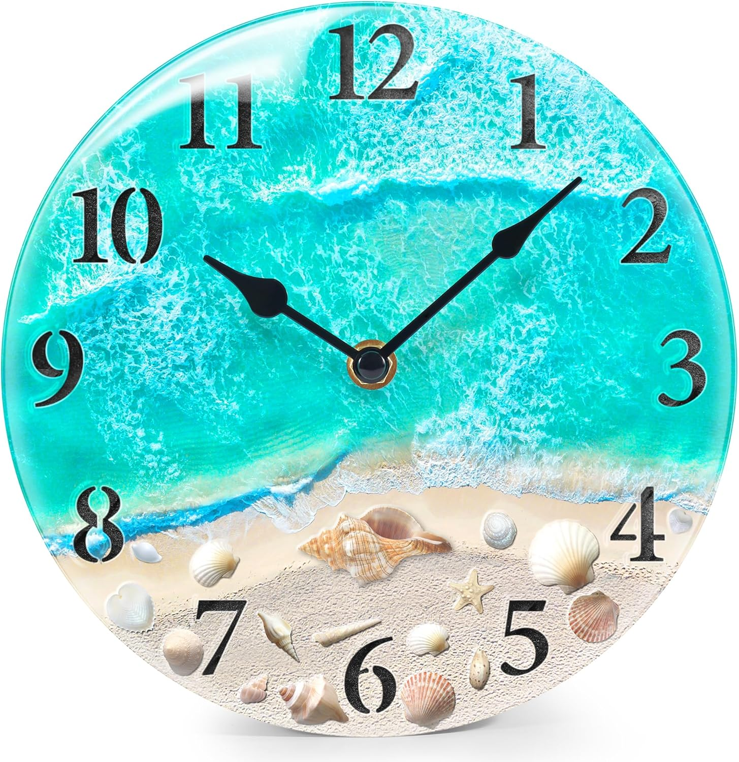 Coastal Nautical Glass Wall Clock with Seashell Design and Aesthetic Beach Theme - Battery Operated Silent Wall Decor for Home, Kitchen, Living Room, Office, Bedroom, or Bathroom (14 Inch,Teal)
