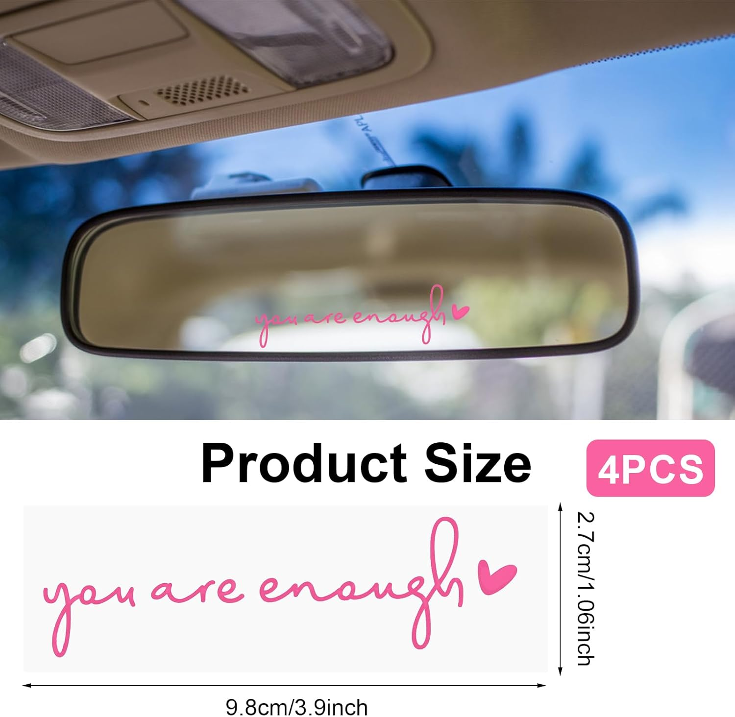 4X You Are Enough Rearview Mirror Decal, Rear View Mirror Sticker, Car Window Decals, Self Affirmations Vanity Mirror Stickers for Women Water Bottle Laptop Bumper Car Accessories Gifts (Pink) image number 5