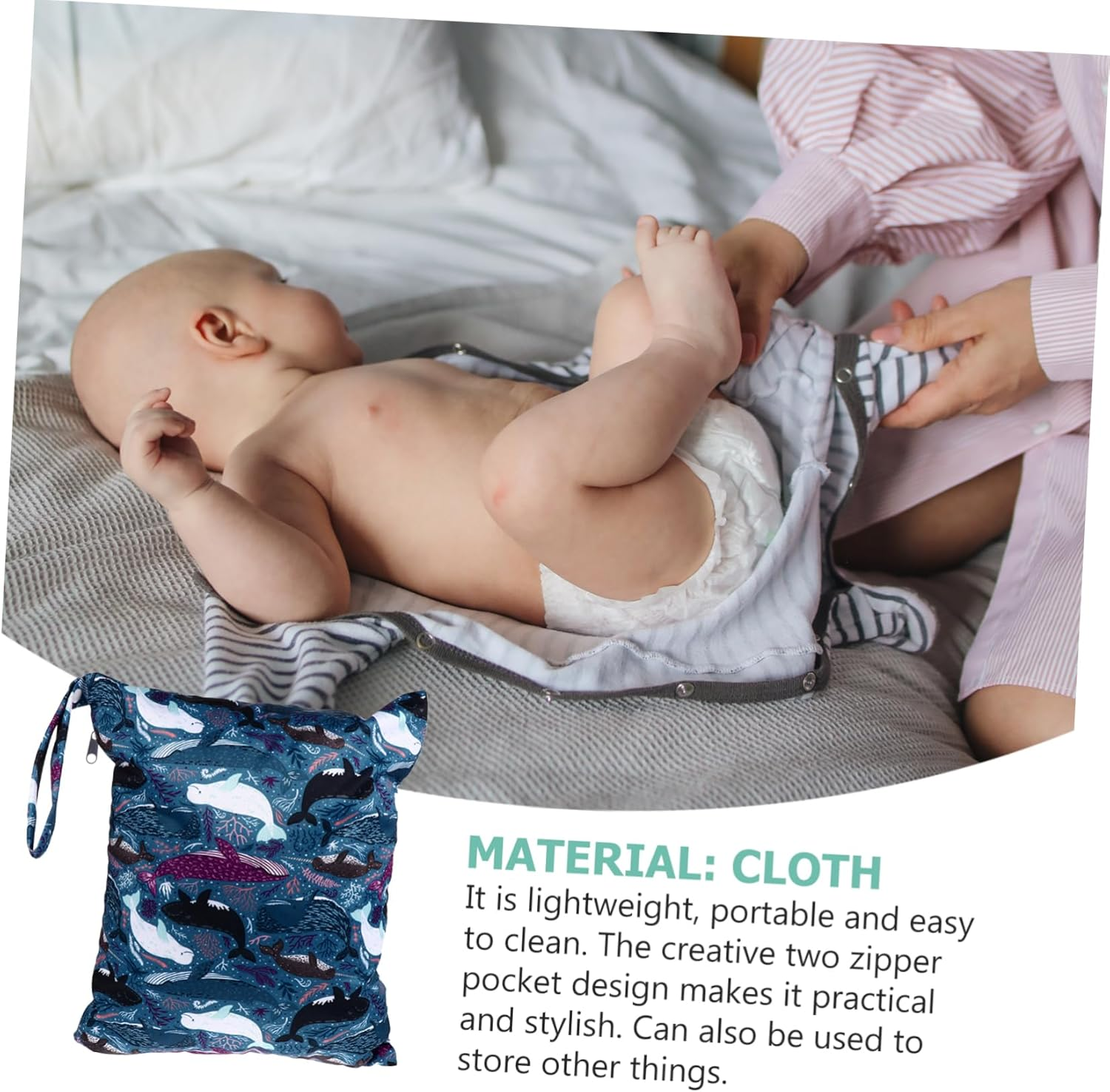 Reusable Baby Diaper Bag Wet Dry Bag Double Zipper Waterproof Printed Cloth Storage for Travel Pool Daycare, Whale Pattern image number 1