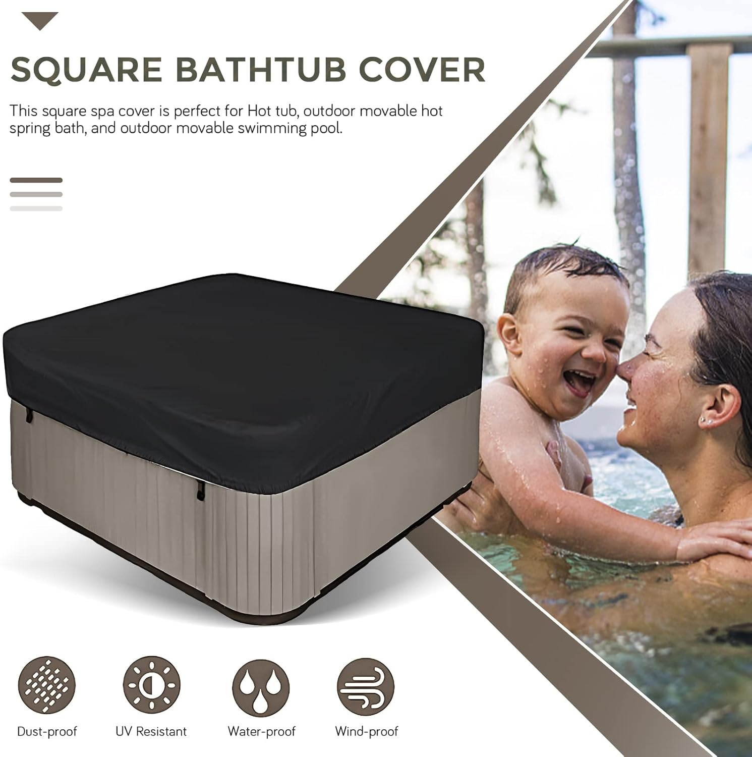 Aurragiy Square Hot Tub Cover Garden Hot Tub Spa Cover Replacement Waterproof UV Protected Rectangular Spa Cover Outdoor Spa Covers(87''Lx87''Wx12''H, Black) image number 4