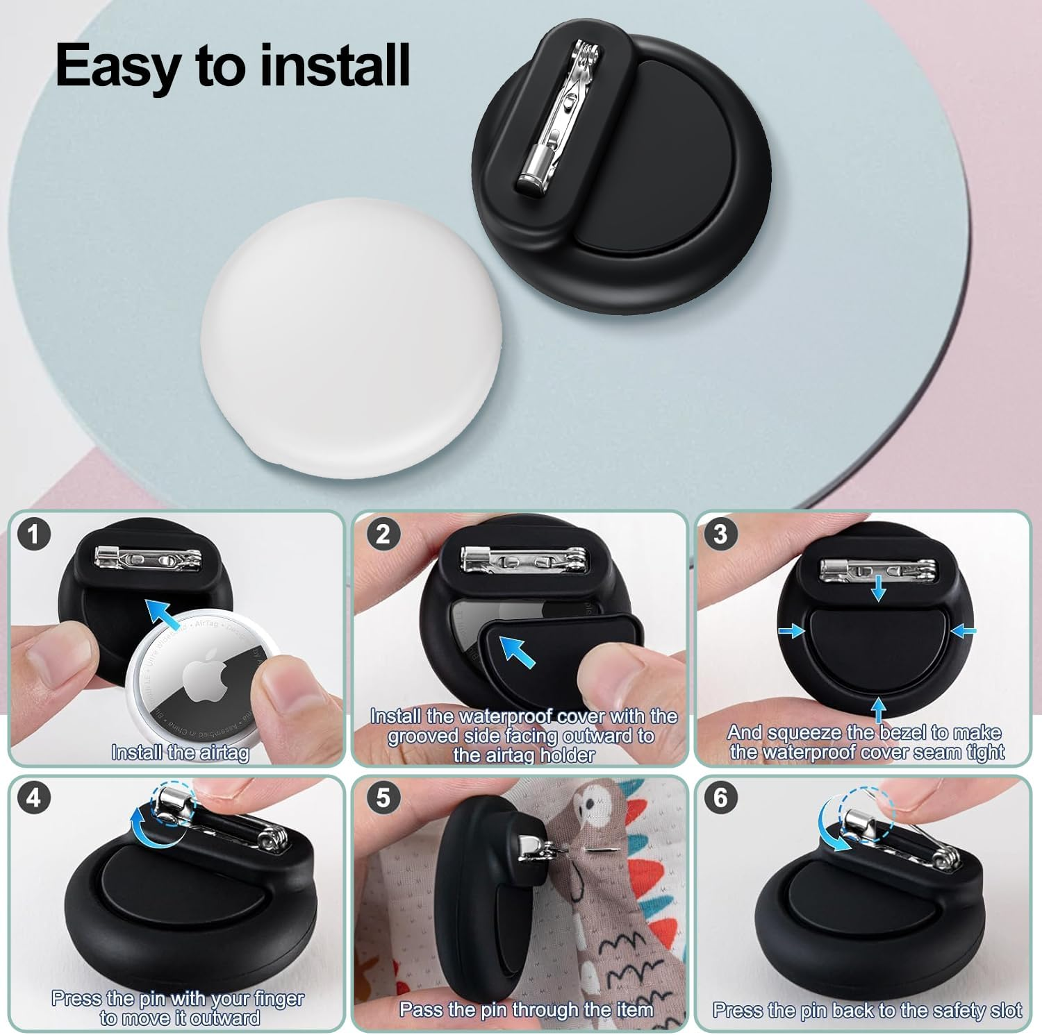 T Tersely【4 Pack】 Waterproof Holder for Airtag 2Nd/1St Generation (2026/2021), Silicone Case Holder with Invisible Pin, anti Lost, for Kids, Elderly, Luggage, Clothing (Black White Pink Purple) image number 3