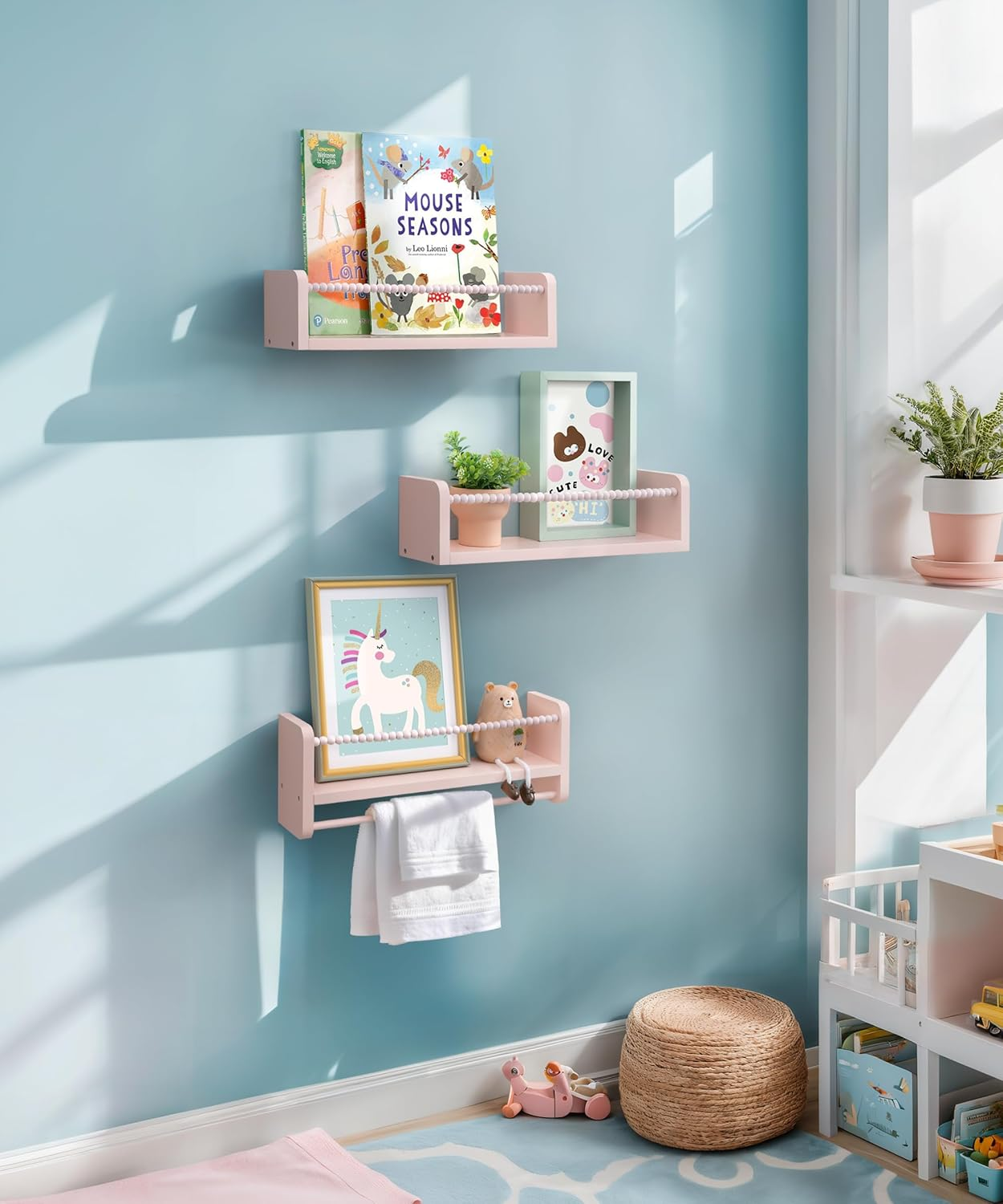 Nursery Book Shelves, Set of 3 Kids Bookshelves Natural Wood Wall Mount Organizer with Towel Bar Hanging Nursery Decor for Kids Room, Playroom, Bedroom and Kitchen, Pink