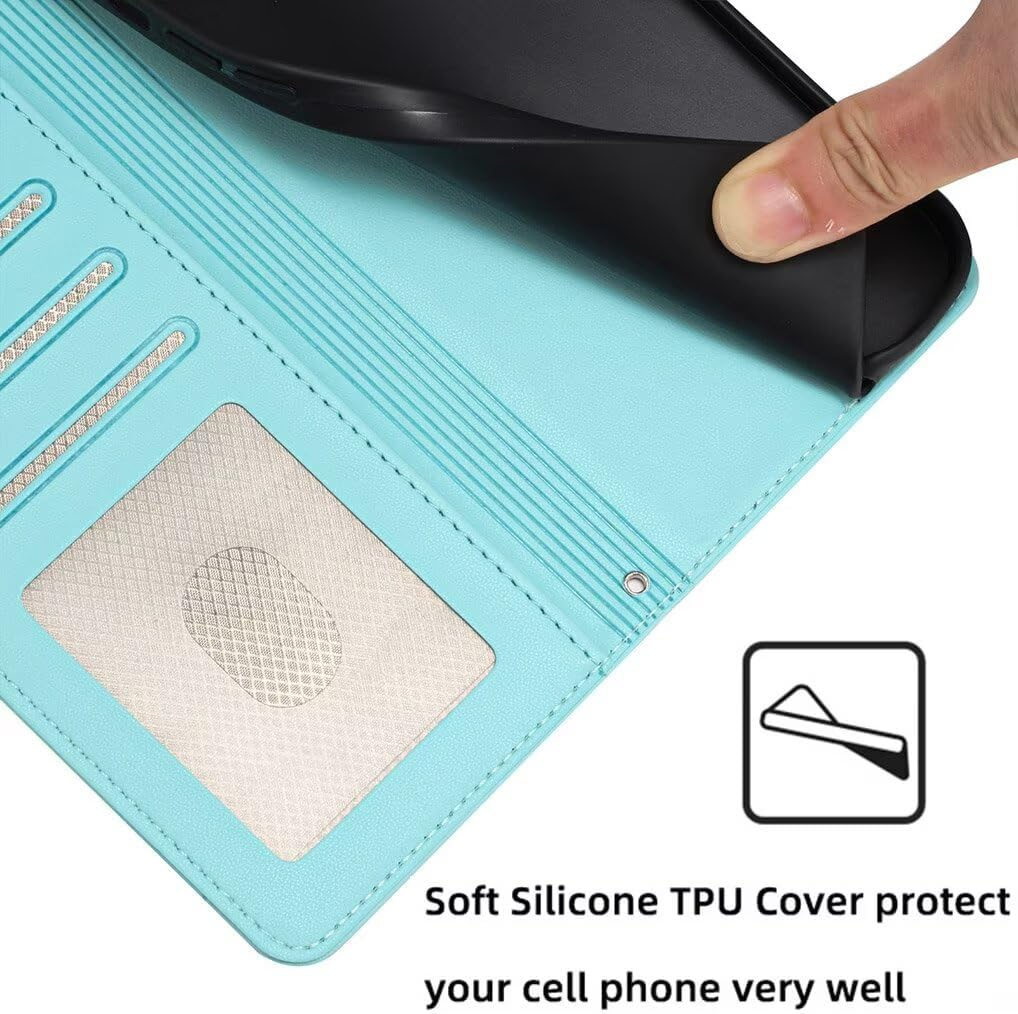 SEAHAI Case for Motorola Edge 60 Fusion/Edge 60 5G Phone Case, Cute Embossed Cat Premium PU Leather Folio Wallet Shockproof Protective Case with Stand/Card Slot/Rfid Protection, Light Green - Black image number 2