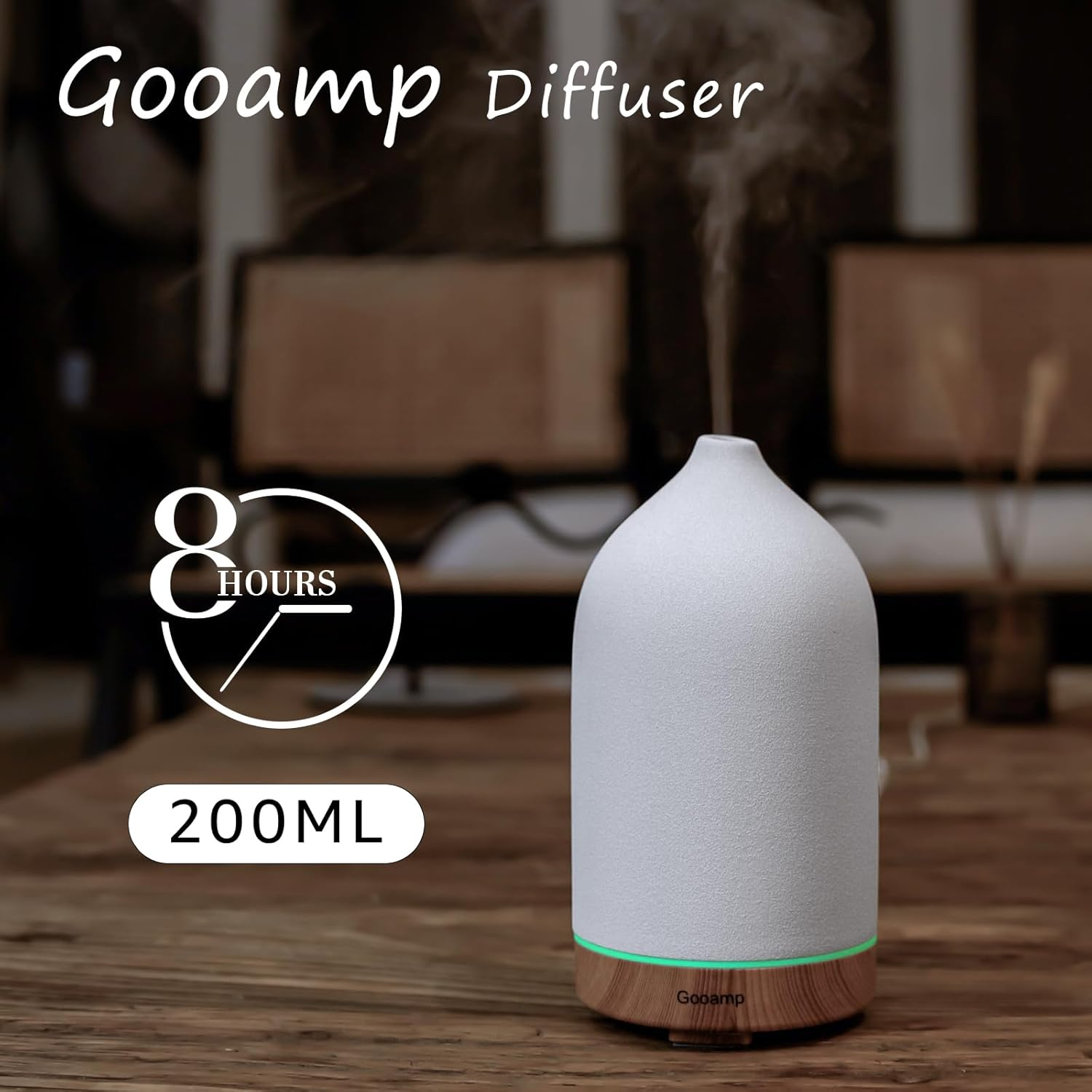 Gooamp 200ML Ceramic Diffuser,Aromatherapy Diffuser,Essential Oil Diffuser with 7 Color Lights Auto Shut off for Home Office Room,Wood Grain Base (1/3/6/ON Hrs Working Time), TC-202-200ML - Black image number 2