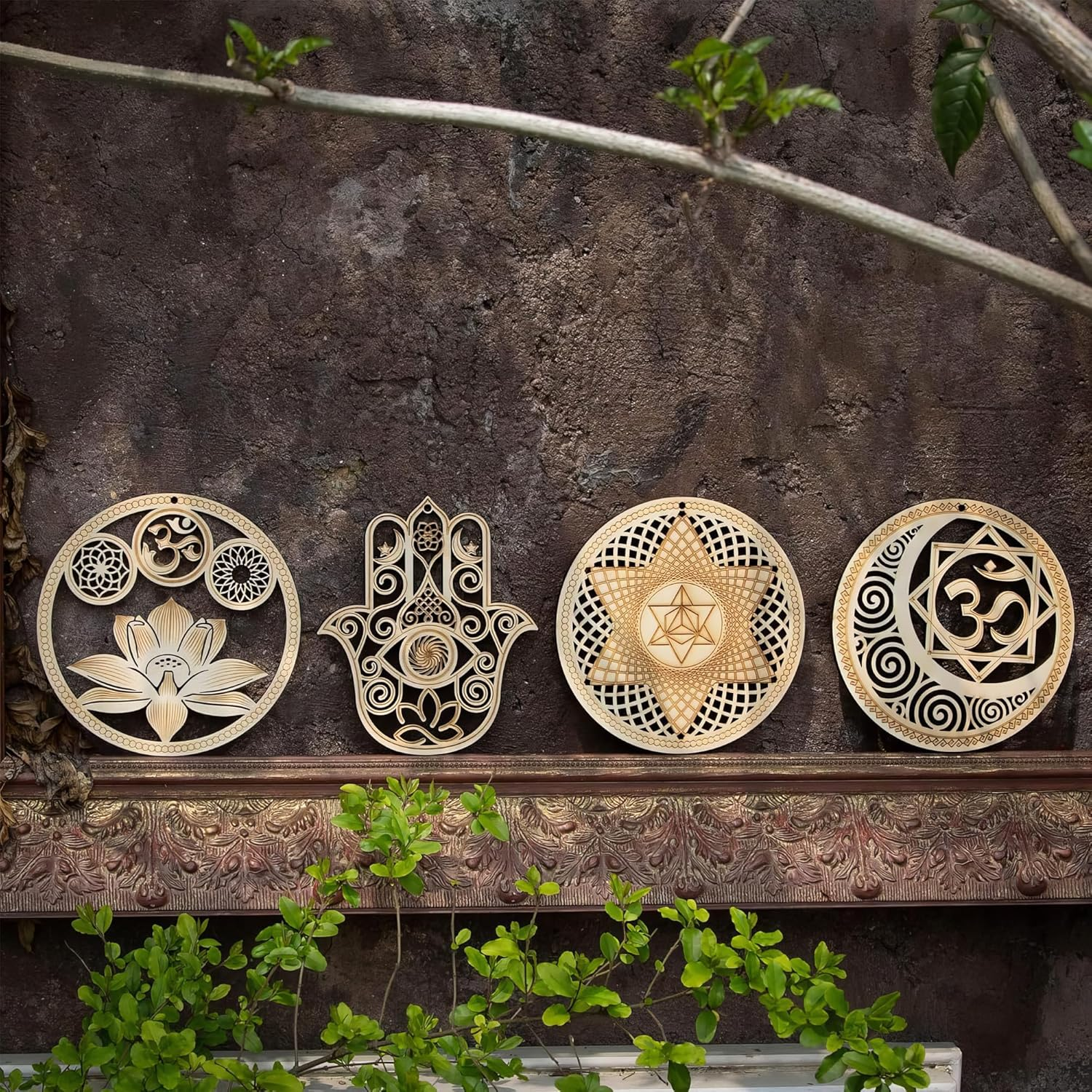 Sacred Geometry Wooden Wall Art Set - Lotus Hamsa Ohm Merkaba Meditation Decor & Coasters image number 2