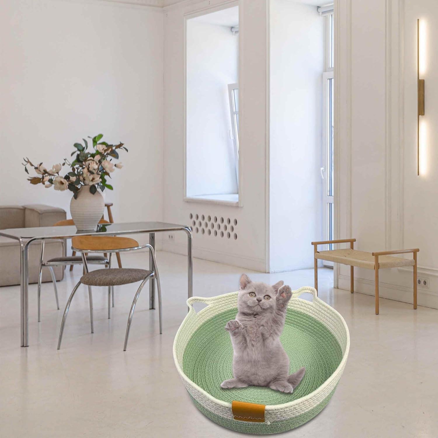 CAPASTEC Woven Cat Bed, 50 Cm Diameter, Foldable Basket Nesting Site, Breathable Pet Lounger, Claw Abrasion-Resistant Universal Kitten Bed, Light Green image number 1