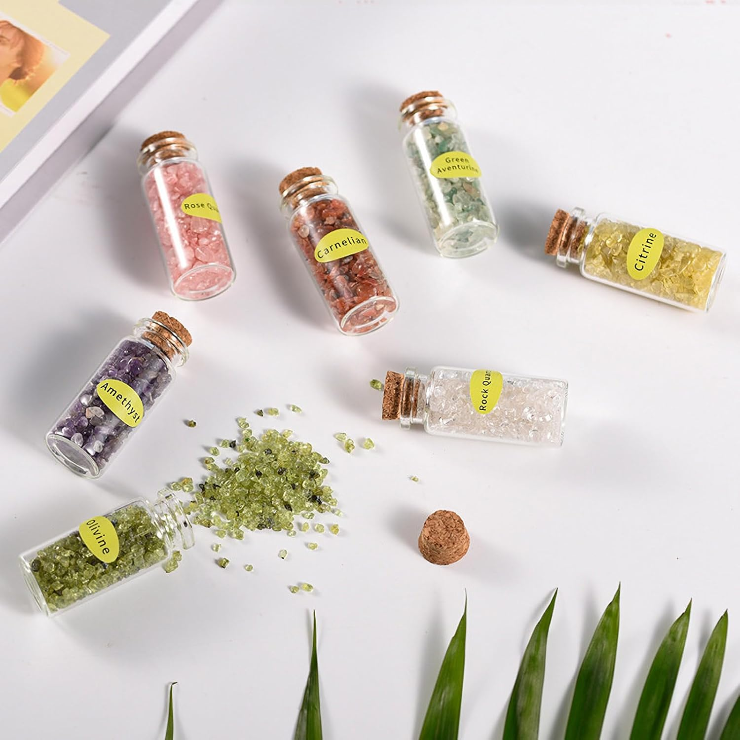 9PCS Crystal Gemstone Bottles Set, Healing Crystal Tumbled Stones Collection Kit, Mini Natural DIY Craft Quartz Gravel Wishing Bottle for Yoga, Reiki, Healing, Meditation, Chakra Balance