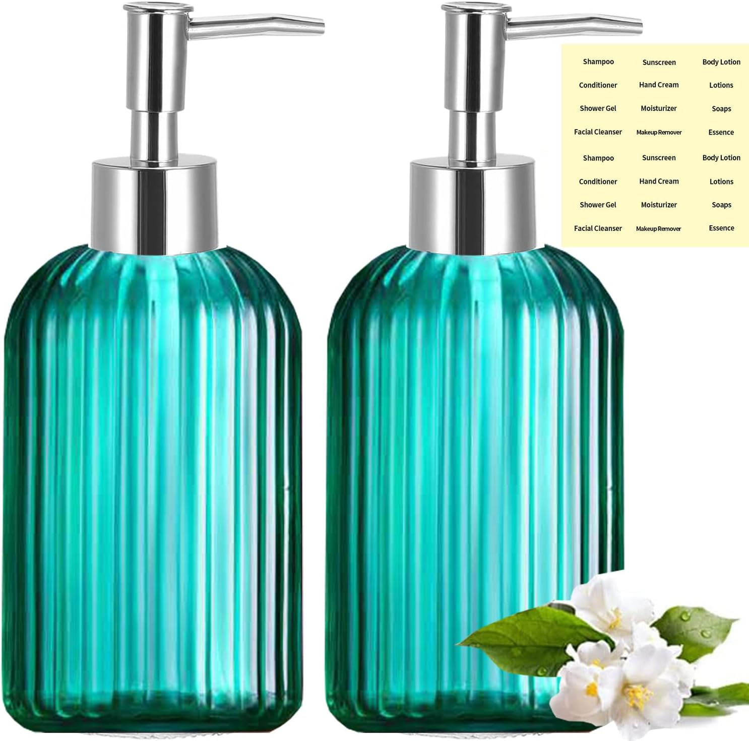 Clear Glass Soap Dispenser (2 Pack 400ML) Refillable Hand Soap Dispenser Vertical - Stripe Bathroom & Kitchen Dispensing Containers (Green) image number 5