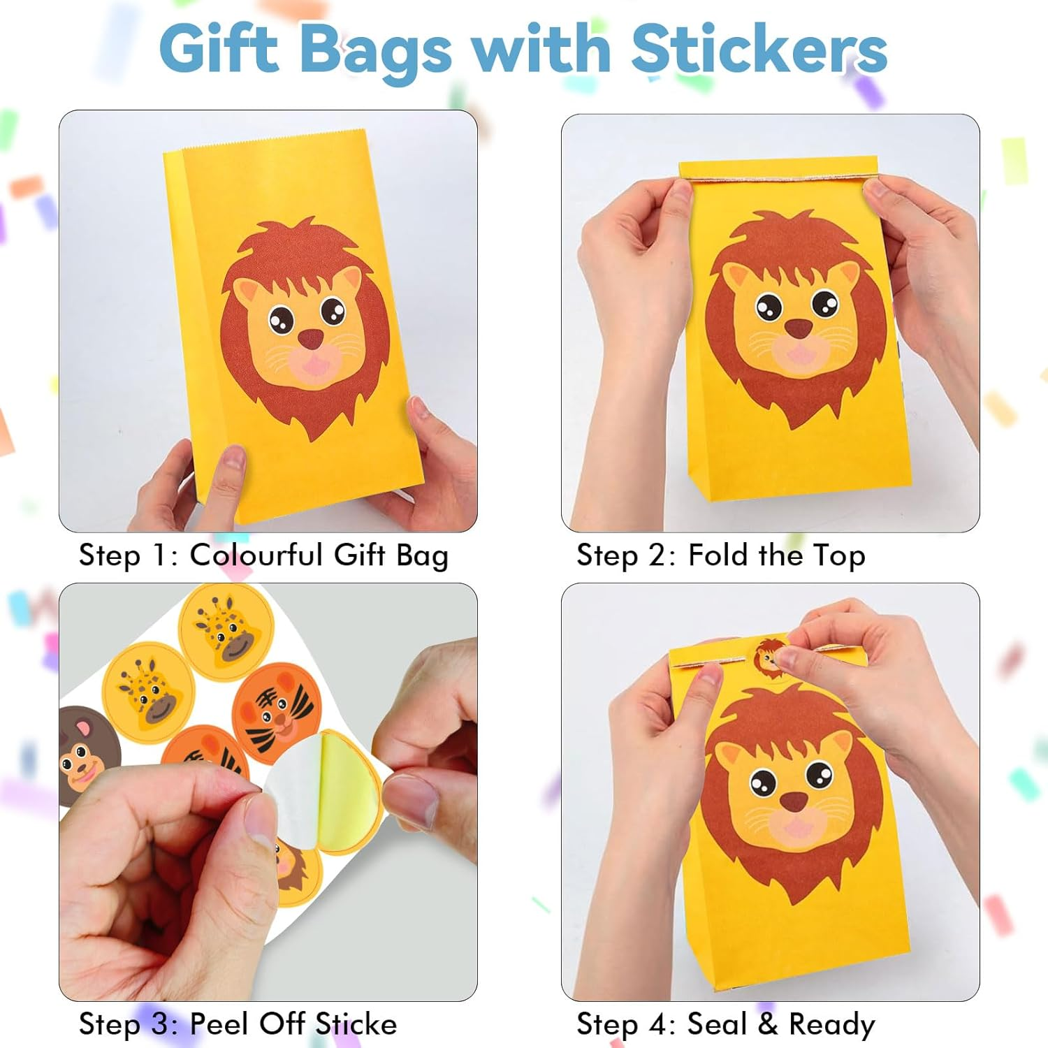 32 Pack Jungle Animal Party Favor Bags for Kids Birthday, Animals Goodie Bags with 36 Stickers, Zoo Gift Lolly Bags for Boys Girls, Baby Shower, Classroom, Animal Theme Party Supplies, 21X13X8Cm image number 4