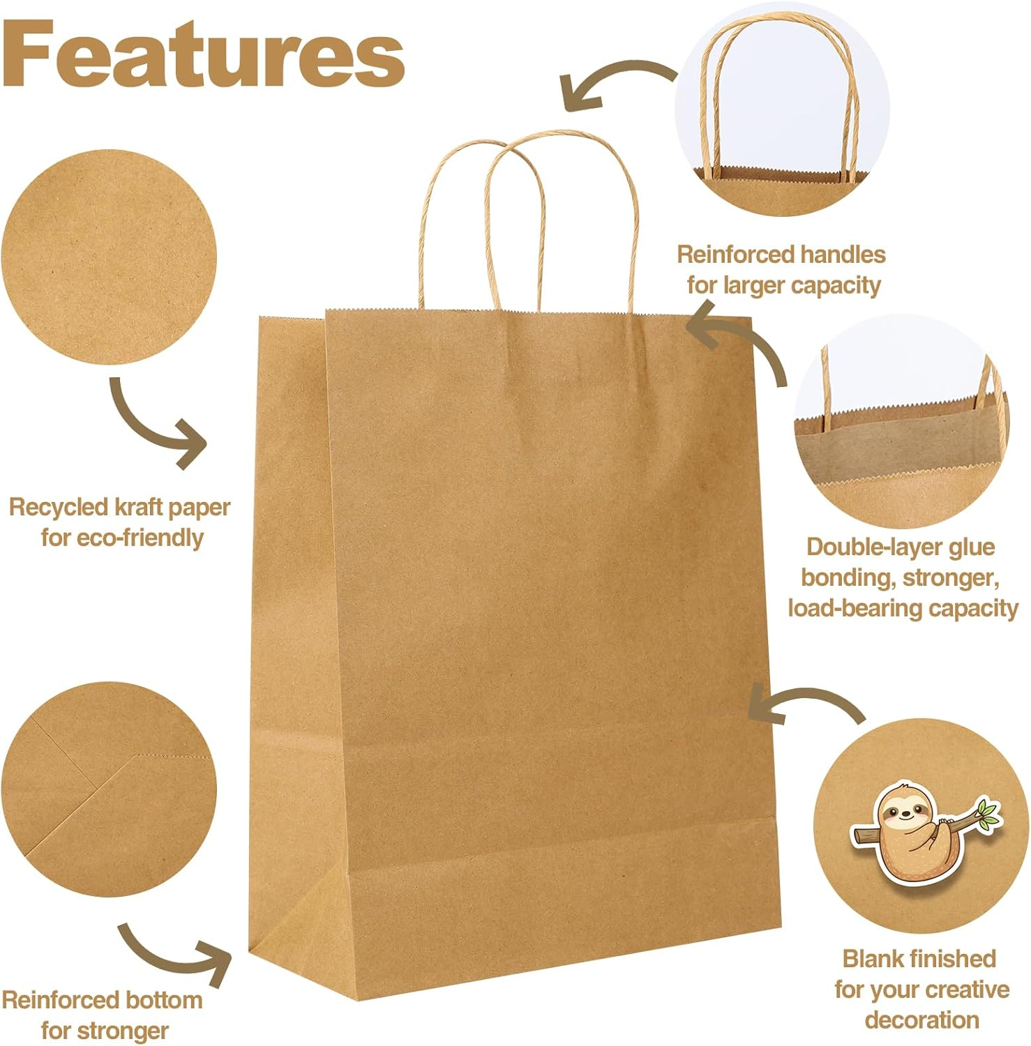 CORORIO 50 Pack Brown Kraft Paper Gift Bags with Handles,21X11X27 CM Small Bags Kraft Paper Bags for Thank You'S Day Shopping Birthday Grocery Retail Business Party image number 1