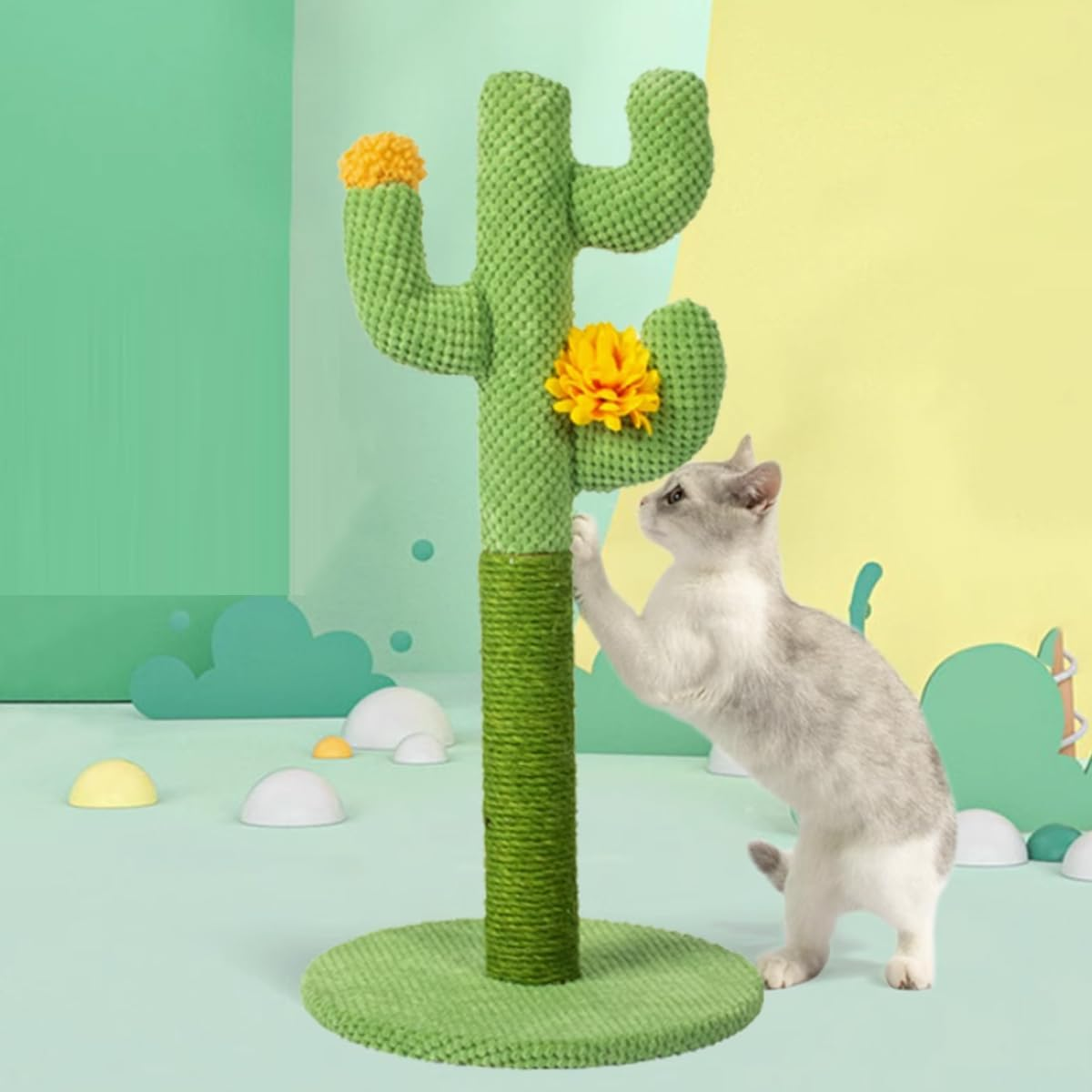 AIMALL Cactus Cat Scratching Post with Sisal Rope and Corduroy &ndash; Vertical Climbing Toy Scratch Board for Indoor Cats with Decorative Flowers &ndash; 23.6In Tall Cat Furniture image number 2