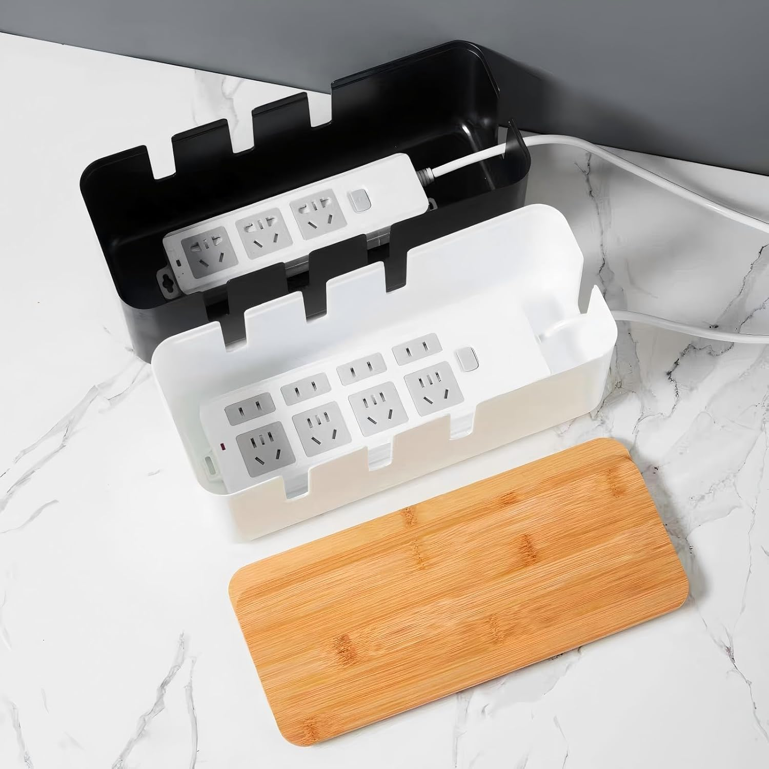 3 PCS Cable Management Box with Bamboo Lid, for TV, Computer, Router, USB Hub and under Desk Power Strip, Safe ABS Material and Baby-Pets Proof Lock, with 10 Cable Ties & 16 Multi-Hole Hubs (White) image number 5