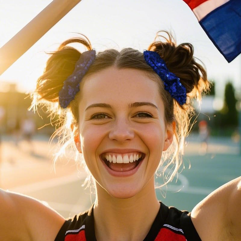 Navy Blue Scrunchies for Thick Thin Hair Ties for Girls Toddler Cheer Stuff for Kids Womens Blue Sequins Cheer Hair Pieces Ponytail Holders for Braids Glitter Rhinestone Cheerleader Scrunchie 2 Pcs image number 5