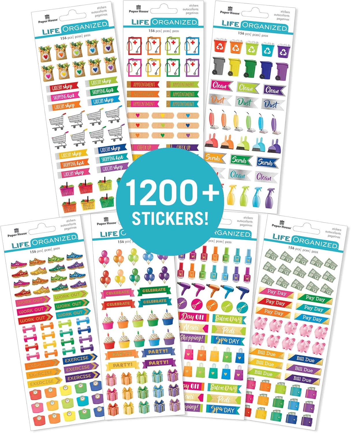 Paper House Productions SET-0008 Functional Icons Planner Bundle-Includes 28 Sheets 7 Themes over 1200 Stickers image number 1