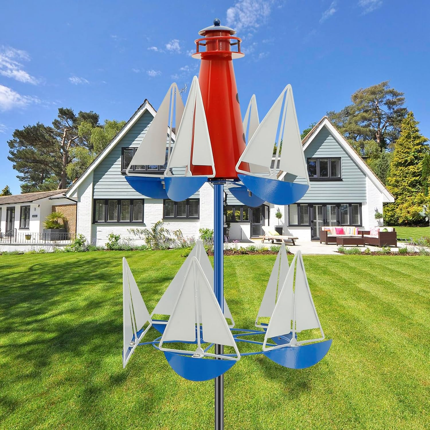 Sailboat Windmill D&eacute;cor Metal Lighthouse Sailing Wind Spinner Summer Lighthouse Sailboat Windmills Garden Wind Spinner Sculpture Creative Nautical Art Ornament for Garden Yard Lawn Outside image number 2