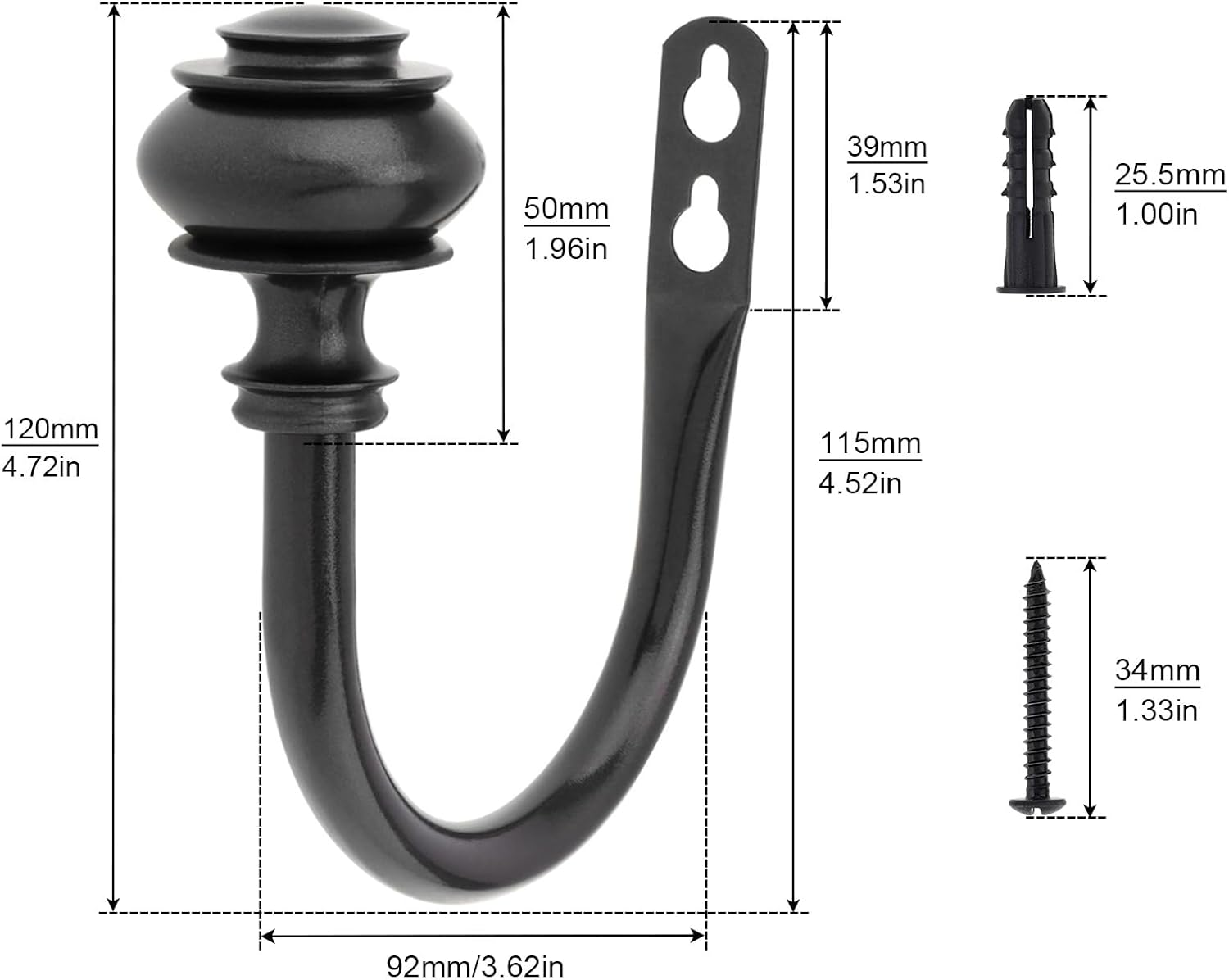 Curtain Holdbacks, 4 Pack Wall Mounted Window Drapery Tiebacks with Screws, U-Shaped Decorative Curtain Hook Holder for Bedroom, Livingroom, Office (4, Black) image number 5