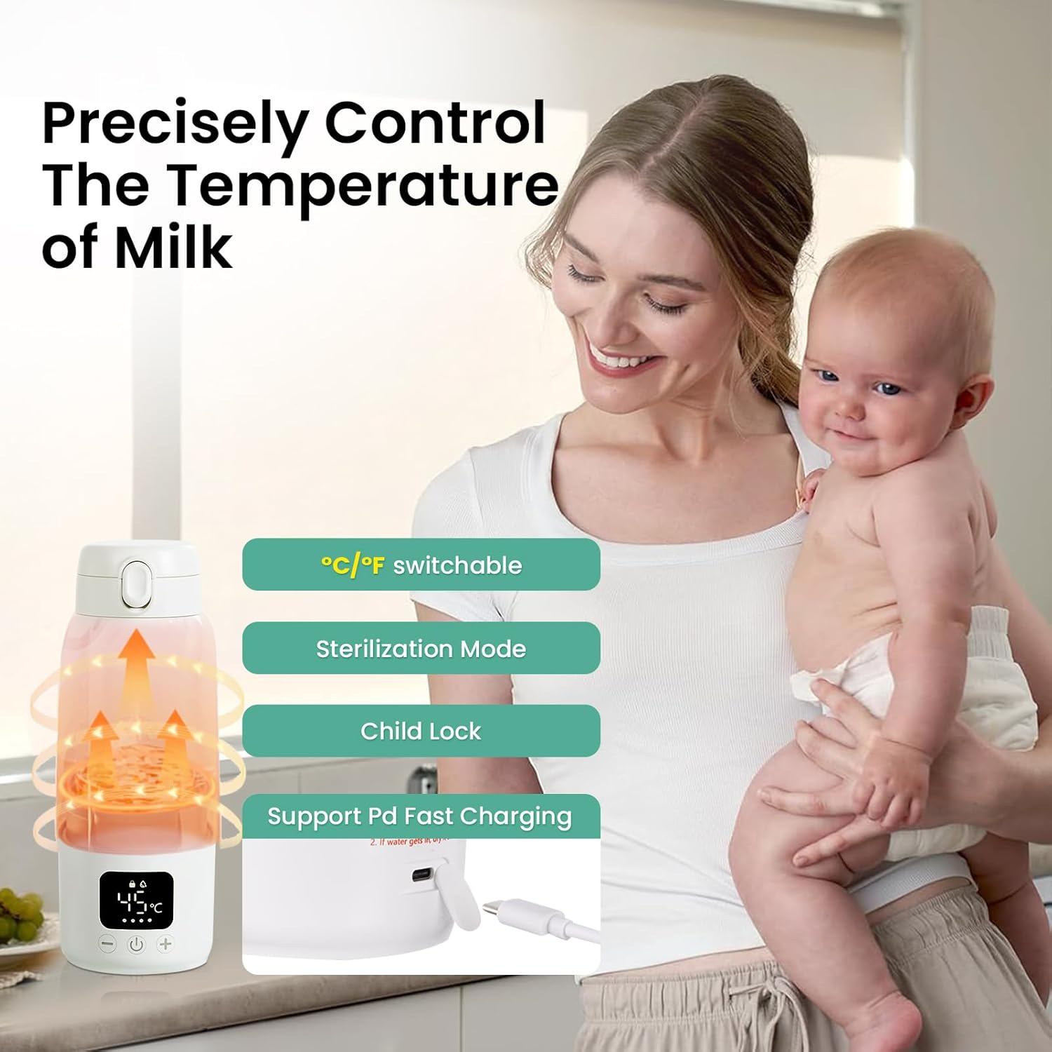 Portable Bottle Warmer, Fast Heating Portable Milk Warmer, 500ML Large Capacity Milk Bottle Warmer for Breastmilk/Formula with Accurate Temp Control, 11000Mah Baby Bottle Warmer with LCD Display image number 5