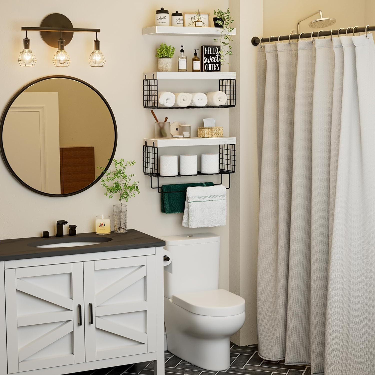 Floating Wall Shelves, Bathroom over Toilet, 40 Cm Set of 3, Wall Mounted Floating Shelves Toilet Paper Storage Small Farmhouse Decor(White 2 Baskets Storage) - Black image number 7