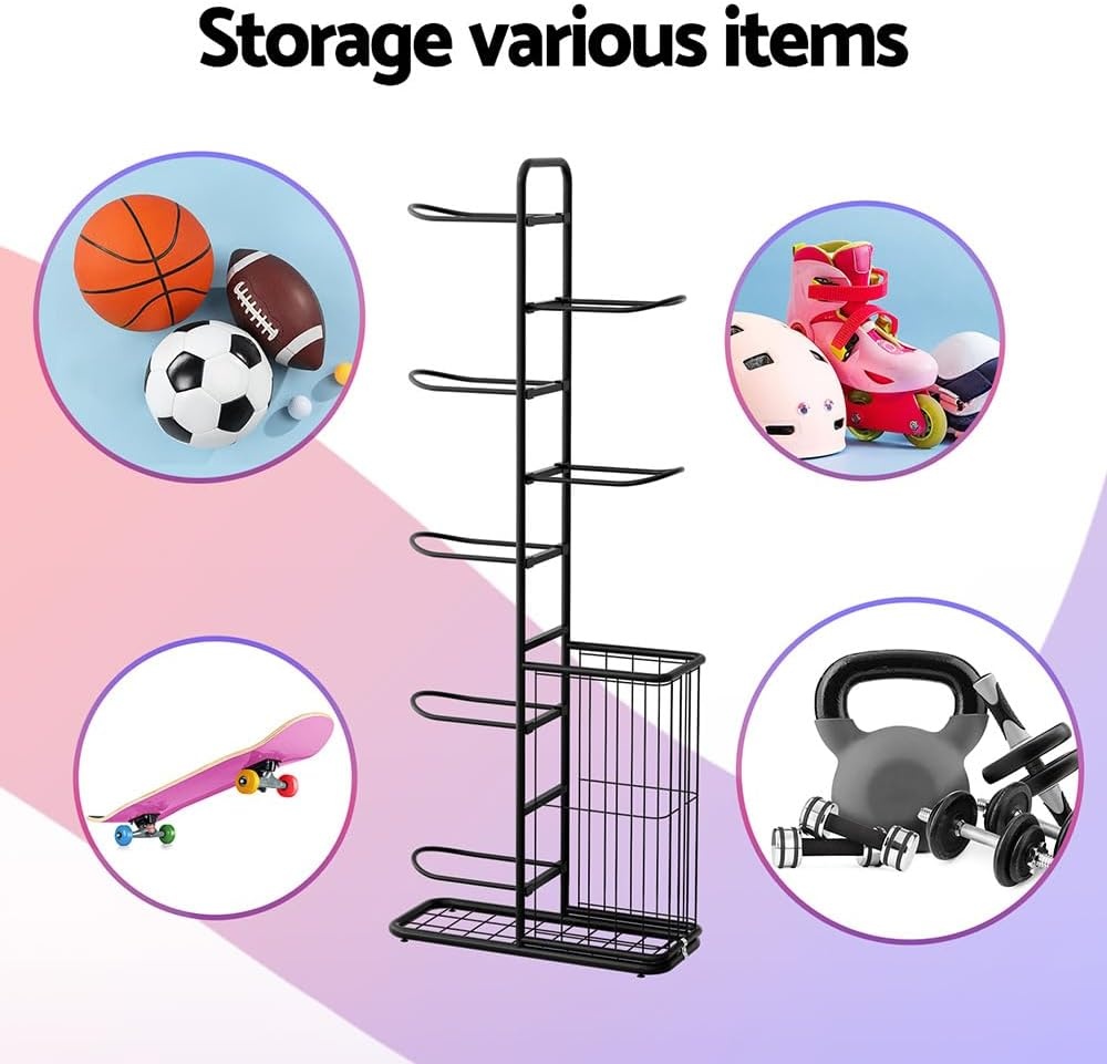 Everfit Ball Storage Rack Heavy Duty Sports Equipment Organizer 7-Tier with Basket Ball Rack for Basketball Football Volleyball Indoor Outdoor Sports Storage image number 4