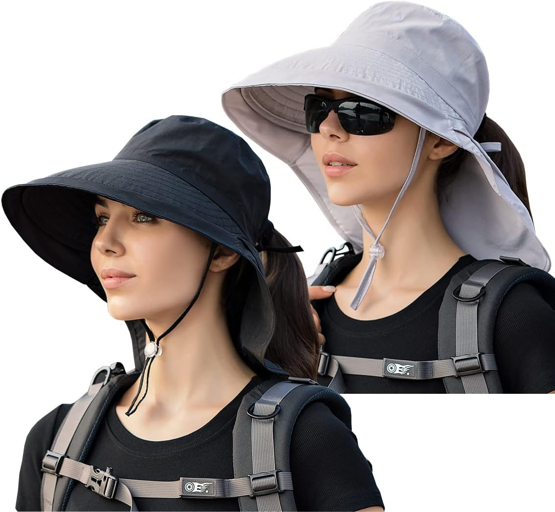 29 IYEBRAO Pack of 2 Women'S Sun Hats with Neck Protection UV Protection Wide Brim Ponytail Summer Hat UPF 50 Adjustable Beach Fishing Hat Garden Outdoor Hat
