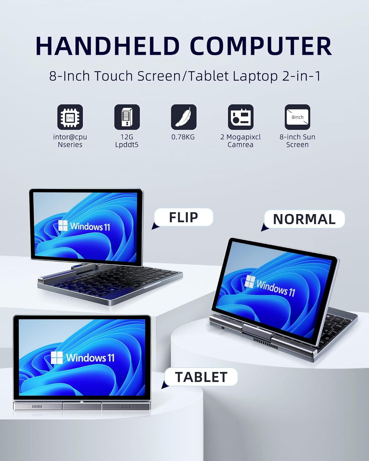 Mini Laptop 8 Inch HD Touchscreen Portable, Windows 11 Pro Small Gaming Laptop, N100 12 GB LPDDR5 512 GB M.2 SSD, Wi-Fi 6, BT 5.2 2 MP Camera, G-Sensor, HDMI, Type C image number 4