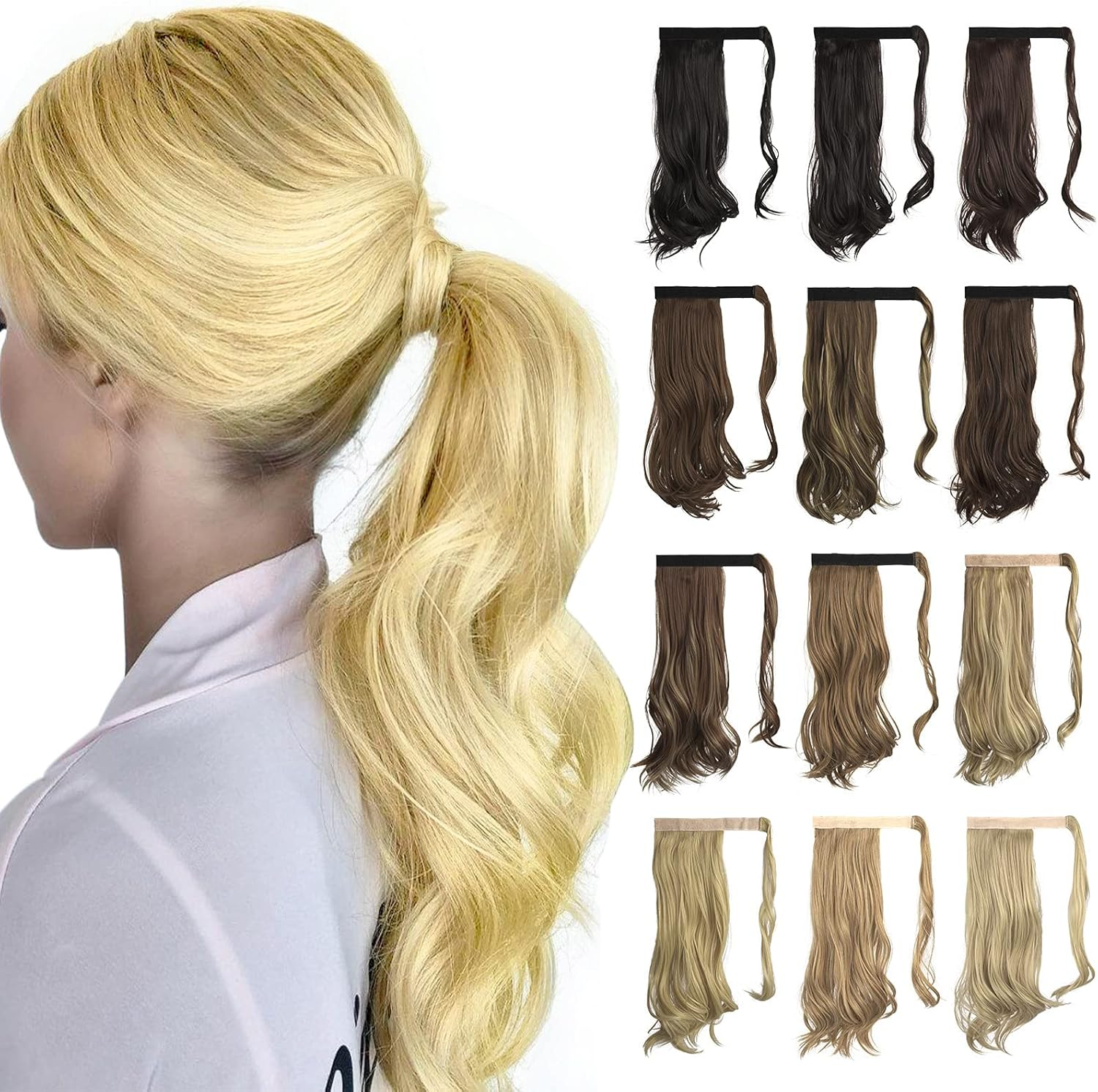 Sofeiyan Ponytail Hairpiece Curly Hair Extension Ponytail Extension Synthetic Natural Wavy Hairpiece Wrap around Pony Tail Hair Extensions 38 Cm Brown & Blonde