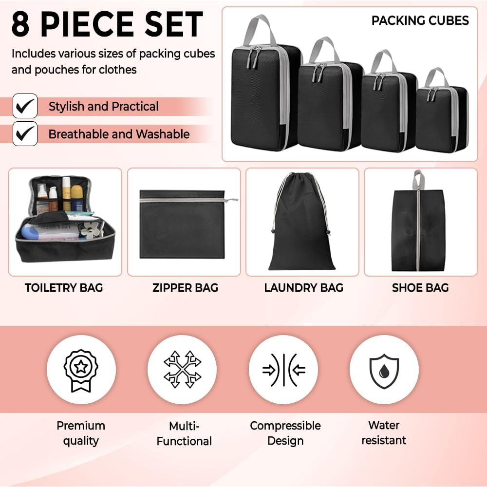 Unipro GOODS- Travel Bag Luggage Organizers 8 Piece Set- Compression Packing Cubes for Suitcases, Drawstring Pouch and Shoe Bag, Travel Accessories, More Lightweight and Durable image number 1